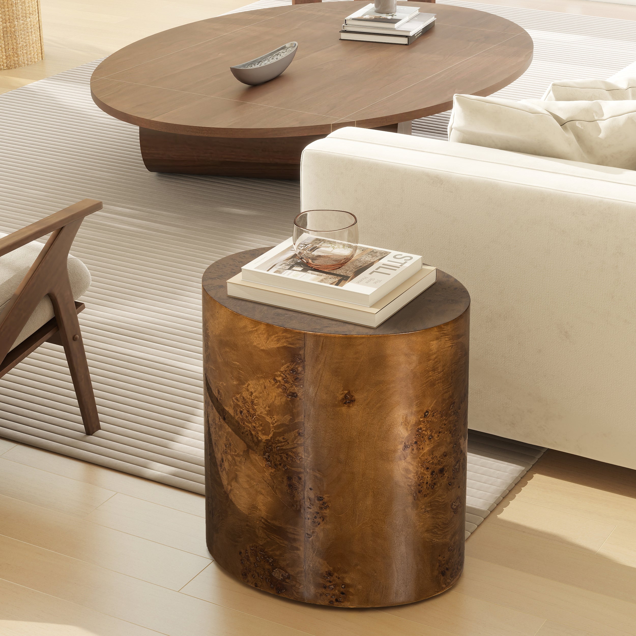 Nebula Walnut Burl Wood Accent Oval Pillar Side Table