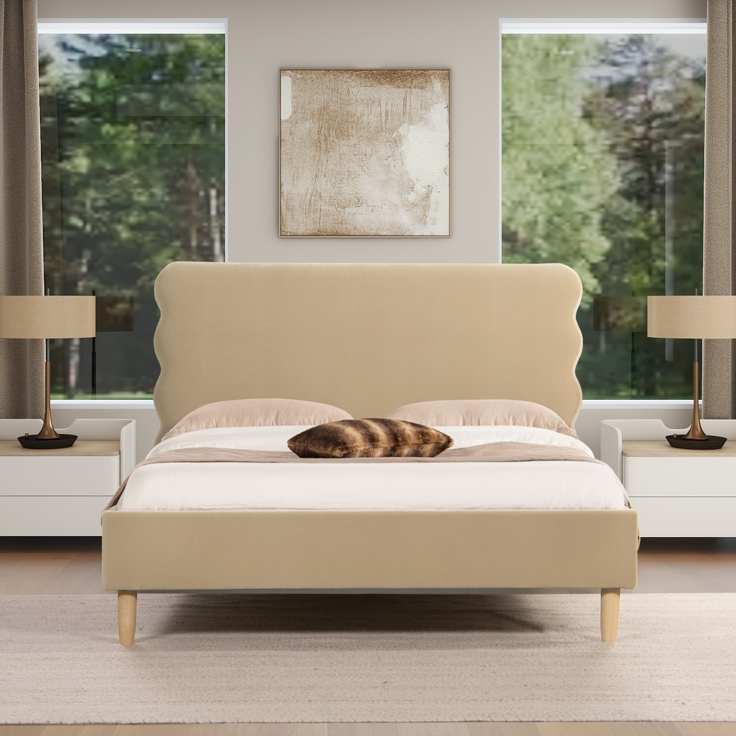 Essencee Upholstered Platform Bed with Wavy Headboard and Wood Legs