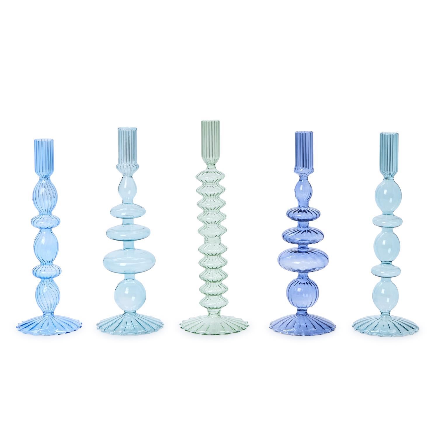 Shades of Blue Hand-Blown Glass Taper Candlestick Candleholders, Set of 5