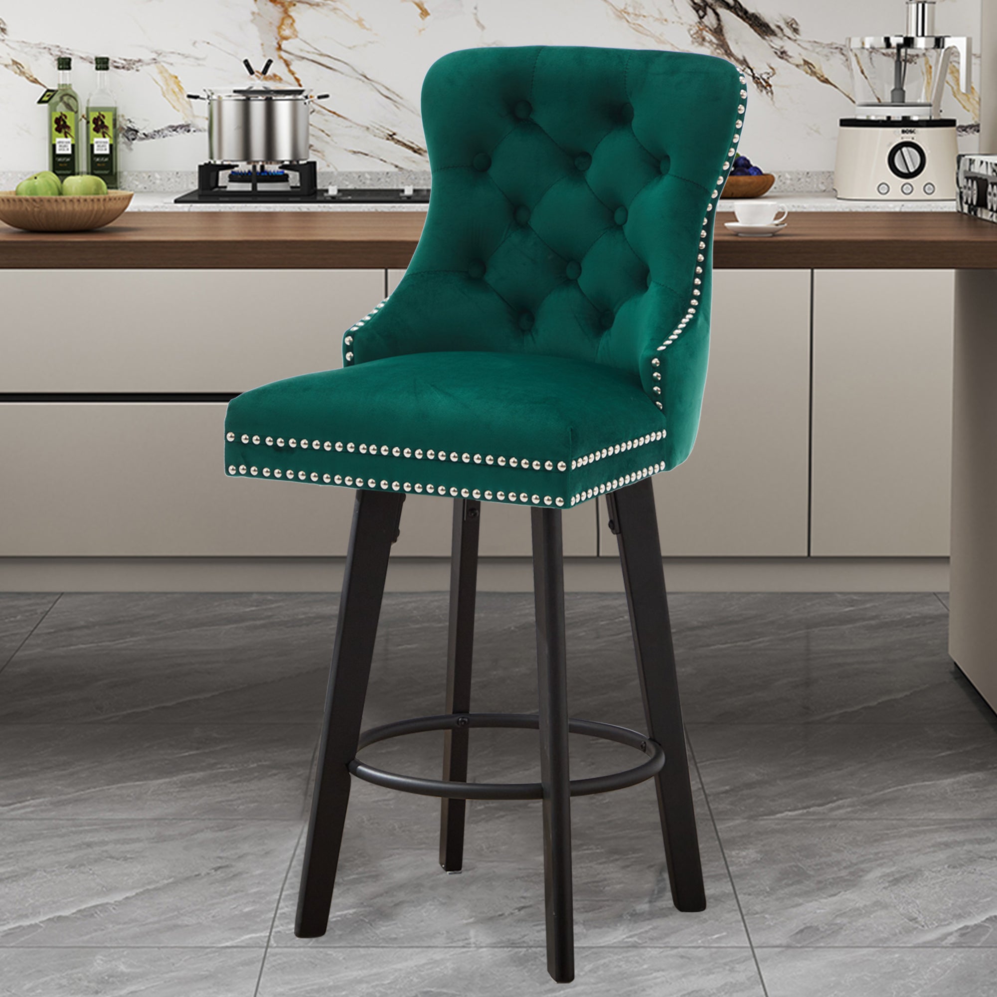 Modern Velvet Button Tufted Swivel Bar Stool with Metal Pull Ring
