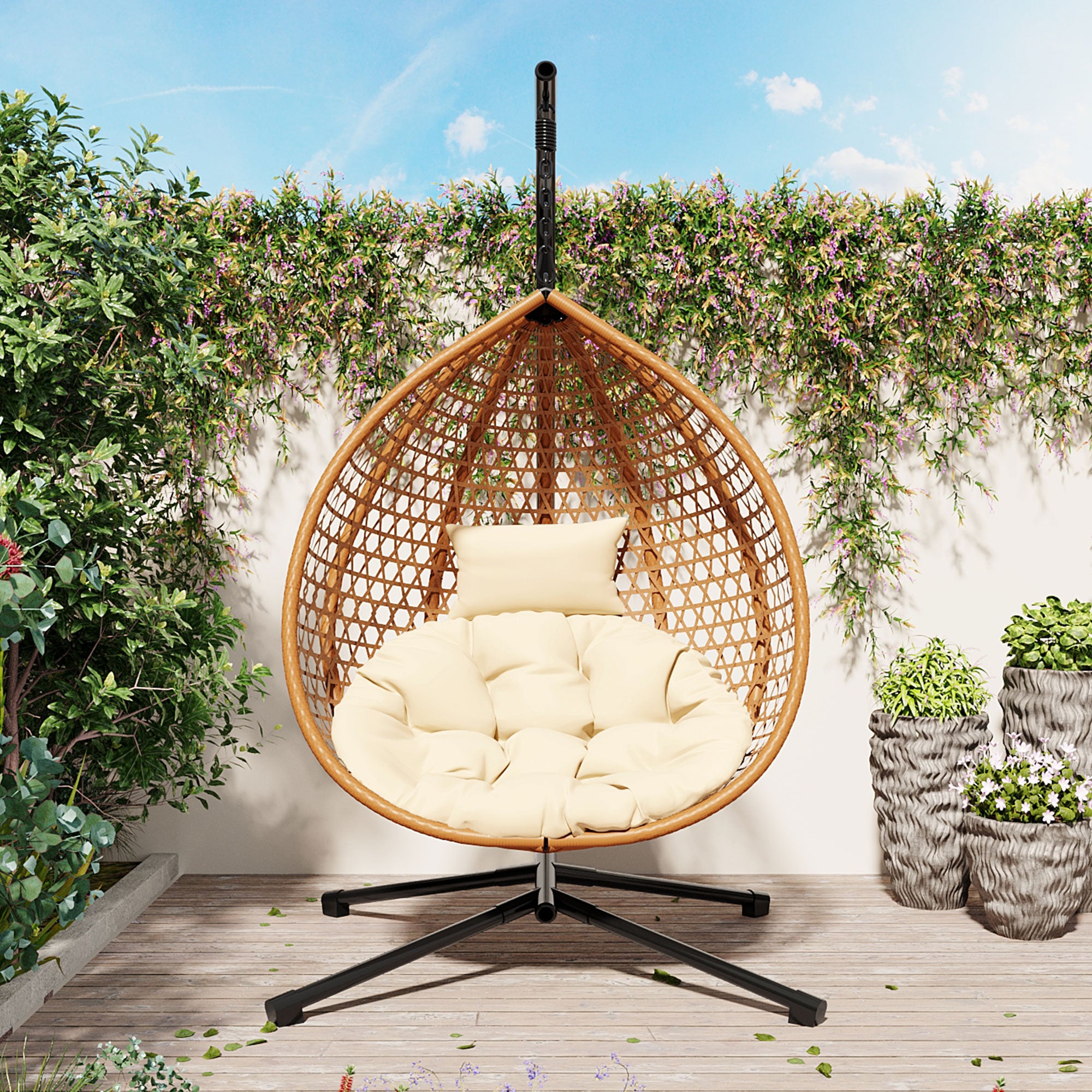 Hanging Swinging Egg Chair with Rattan Weaving, Base Included