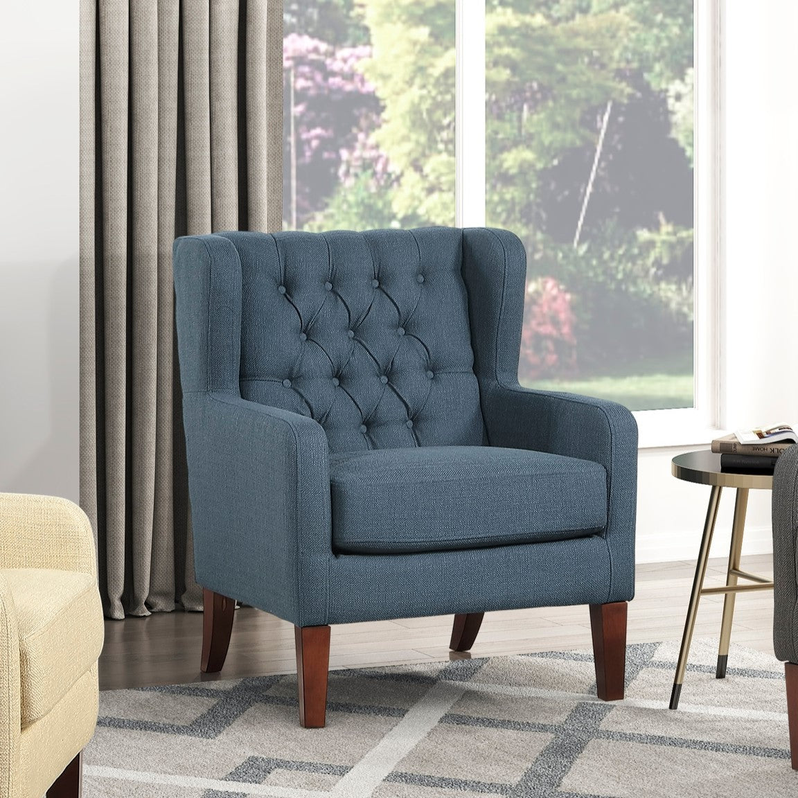 Button-Tufted Wingback Accent Chair with Solid Wood Legs