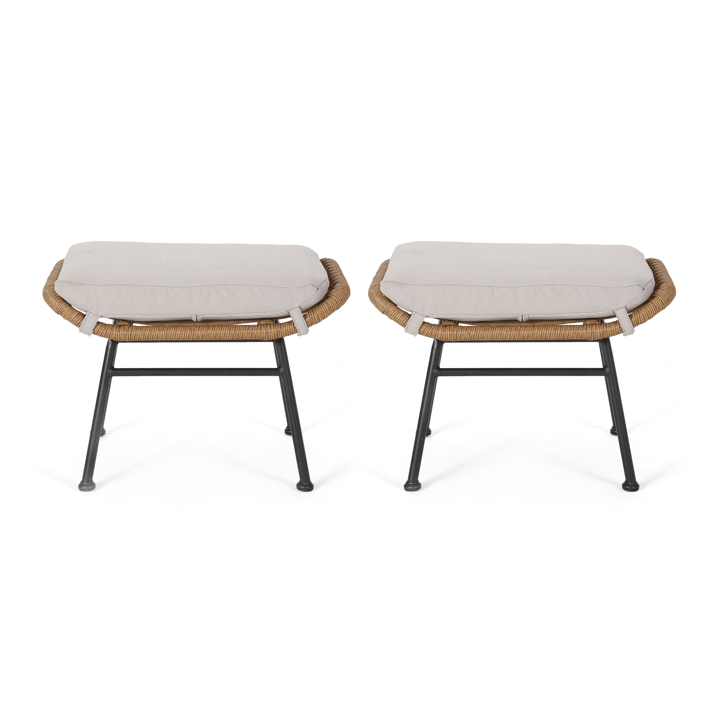 Cordella Outdoor Modern Boho Wicker Ottoman with Cushions, Set of 2