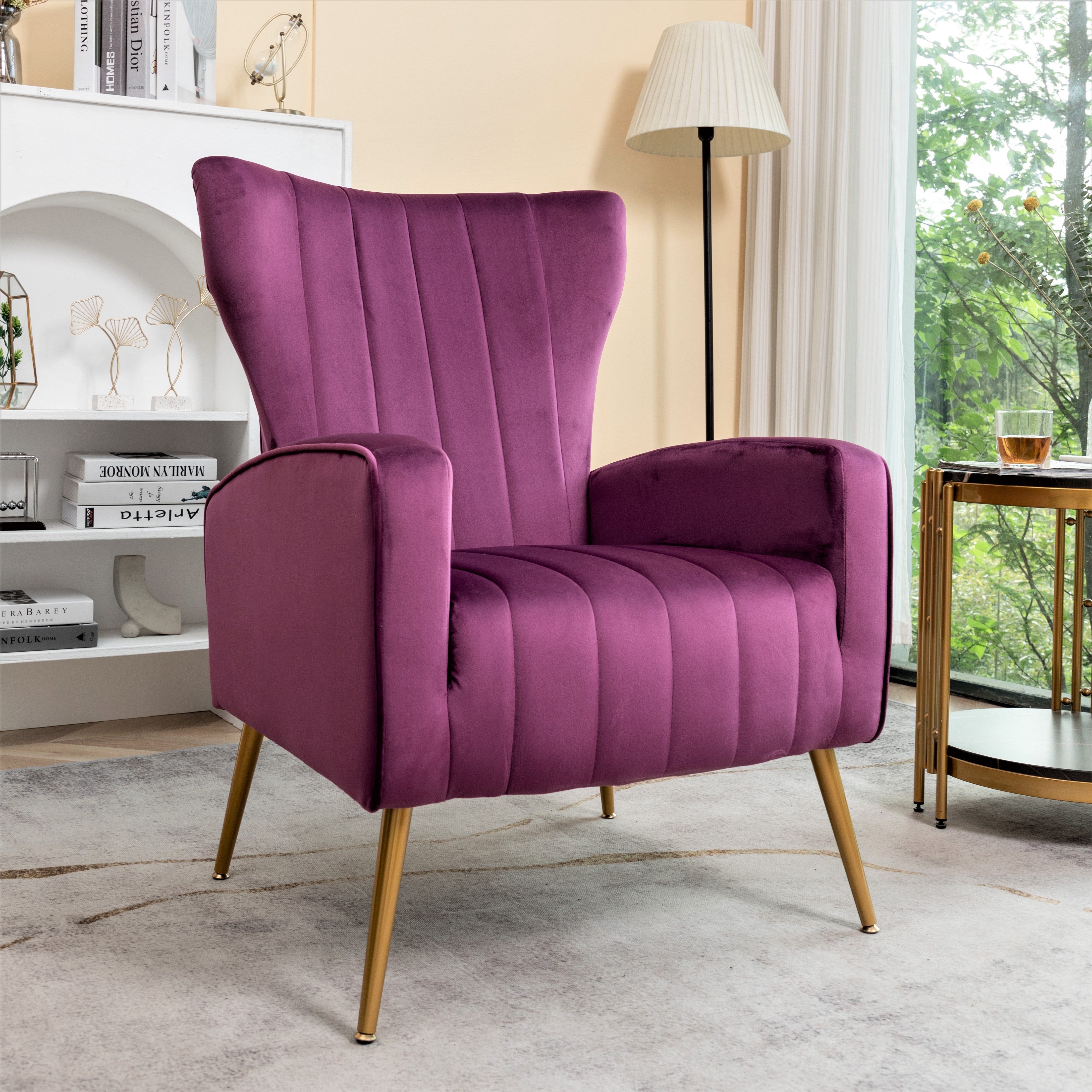 Velvet Accent Wingback Armchair with Metal Legs