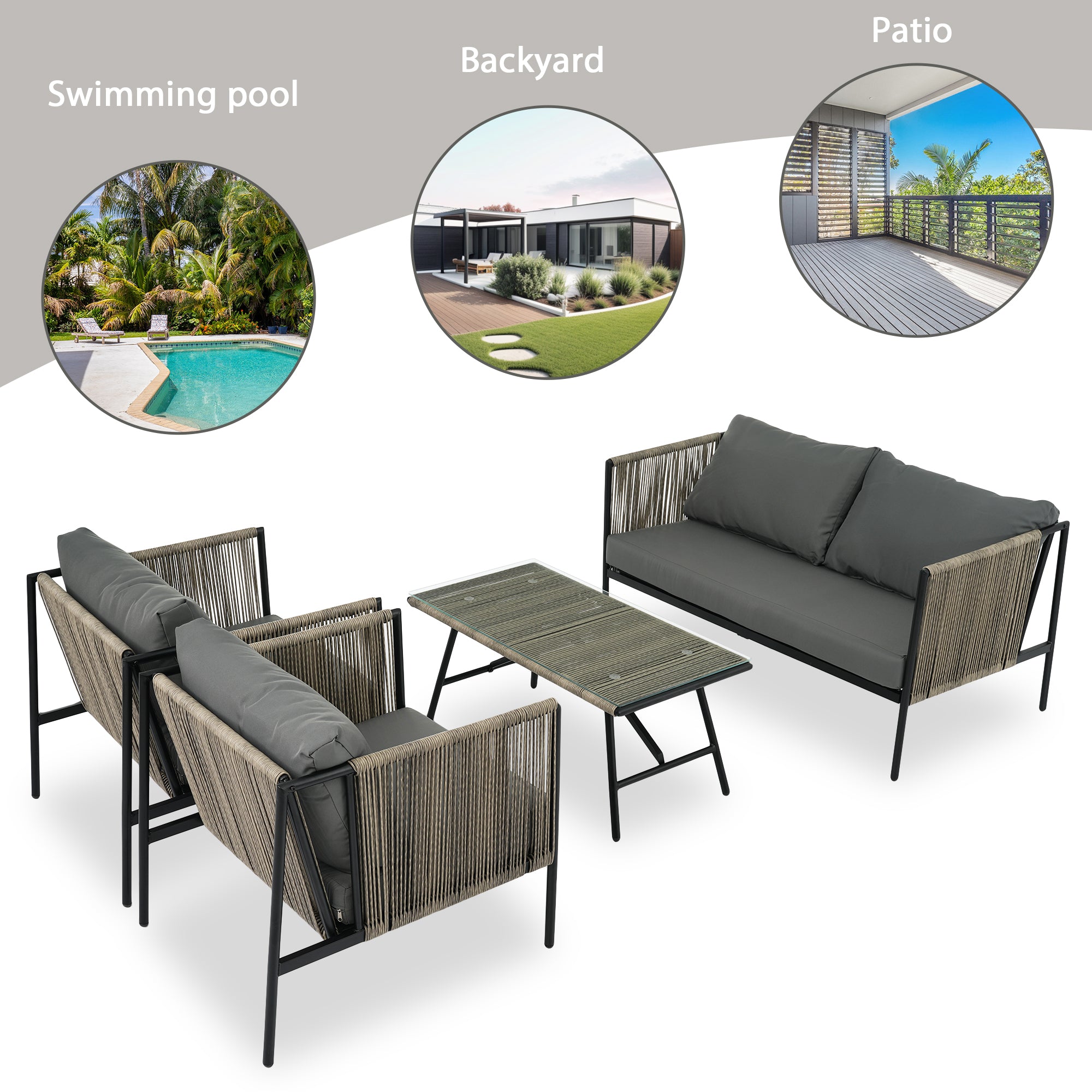 4-Piece Outdoor Sofa Set with Thick Cushions and Toughened Glass Table