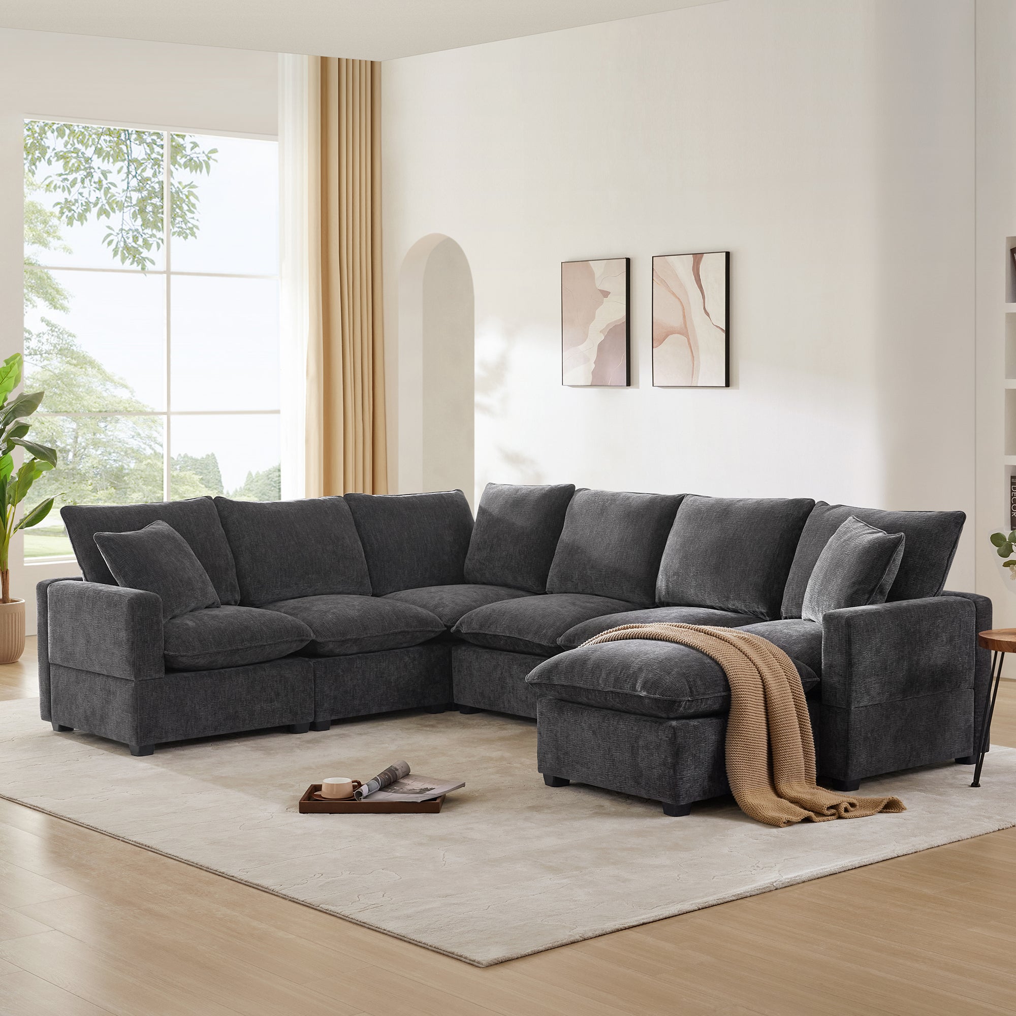 Chenille Modular U-Shape Sectional Sofa, Seats 7