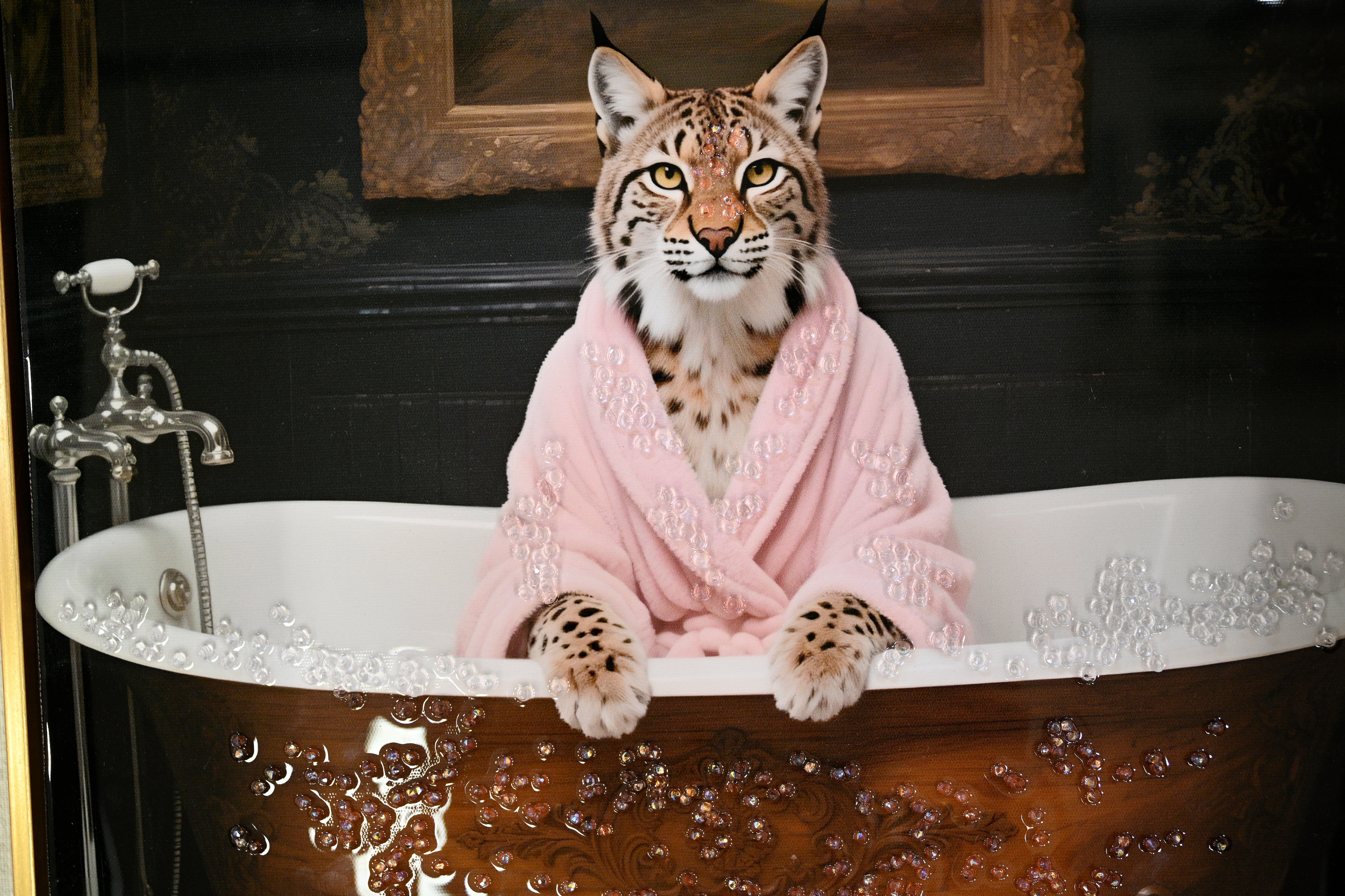 Tiger in Bathtub Wall Art Print Poster, Wood Frame