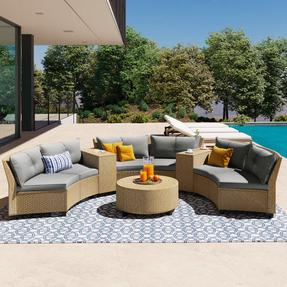 9-Piece Outdoor Fan-shaped Sofa Set with Cushions and Table - Outdoor Seating
