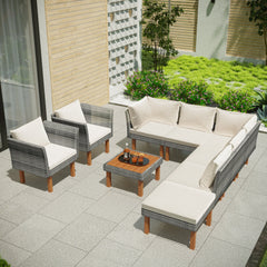 9-Piece Outdoor Patio Garden Wicker Sofa Set with Wood Legs - Outdoor Seating
