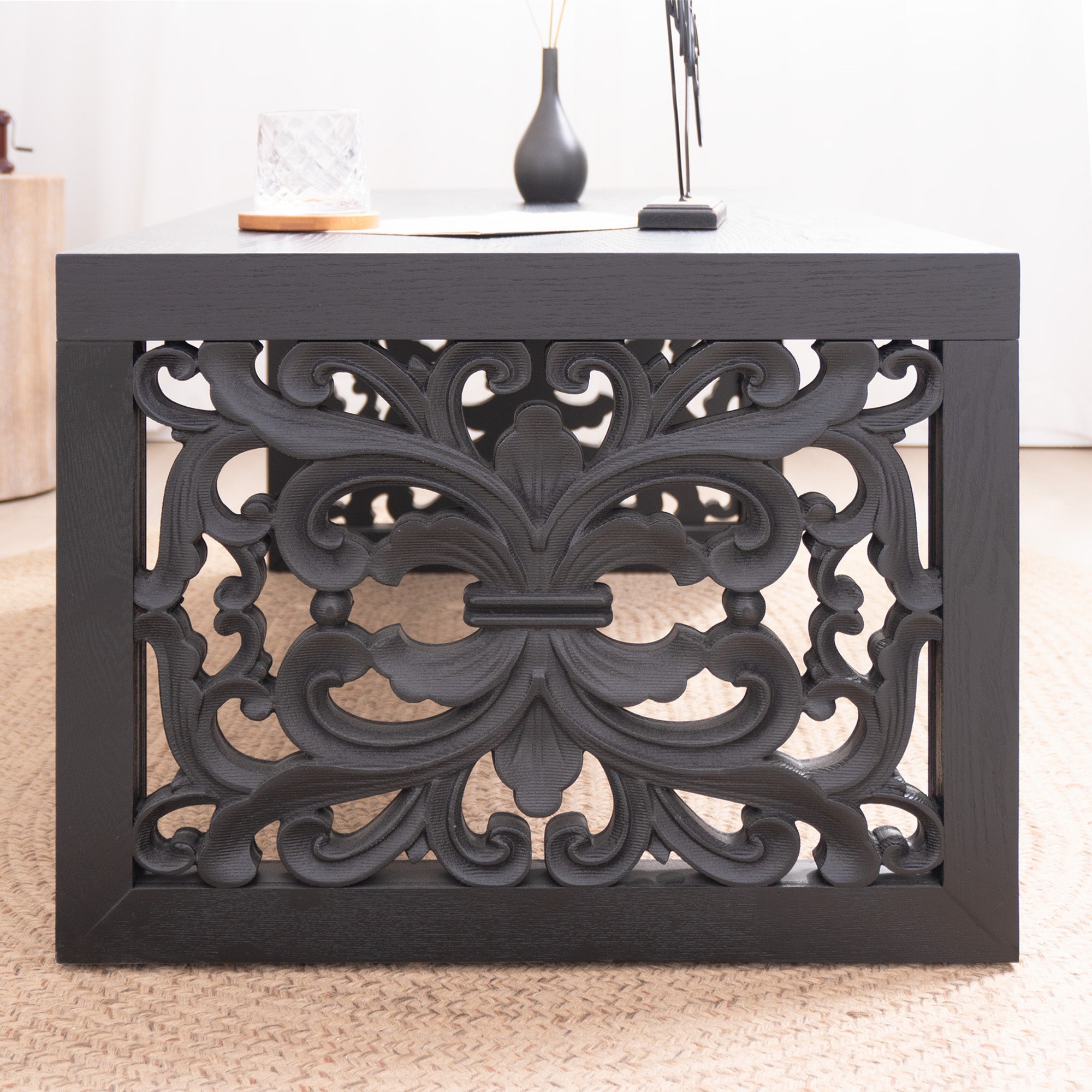Handcrafted Rustic Wood Coffee Table with Ornate Side Panels