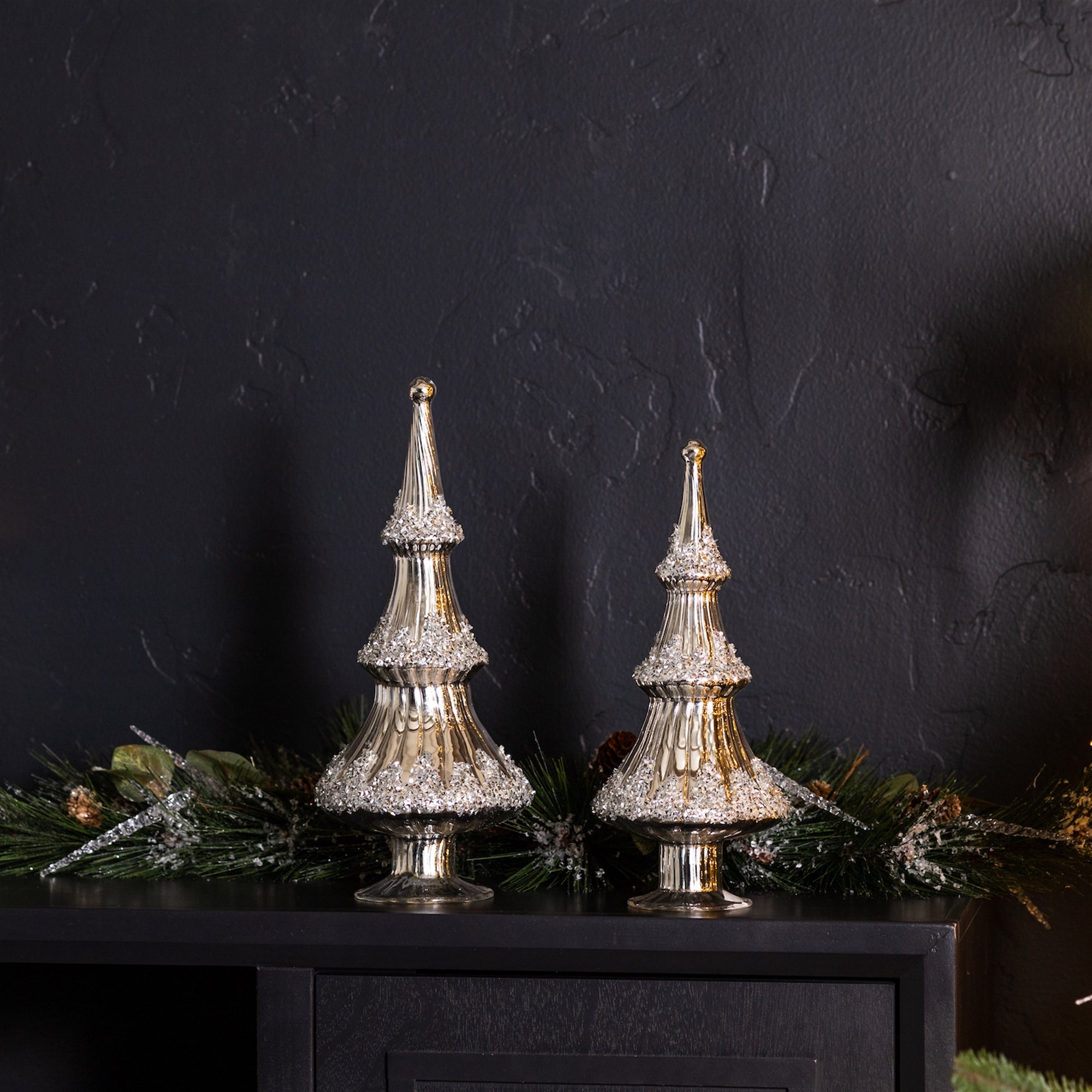 Silver Beaded Glass Holiday Tree, Set of 2