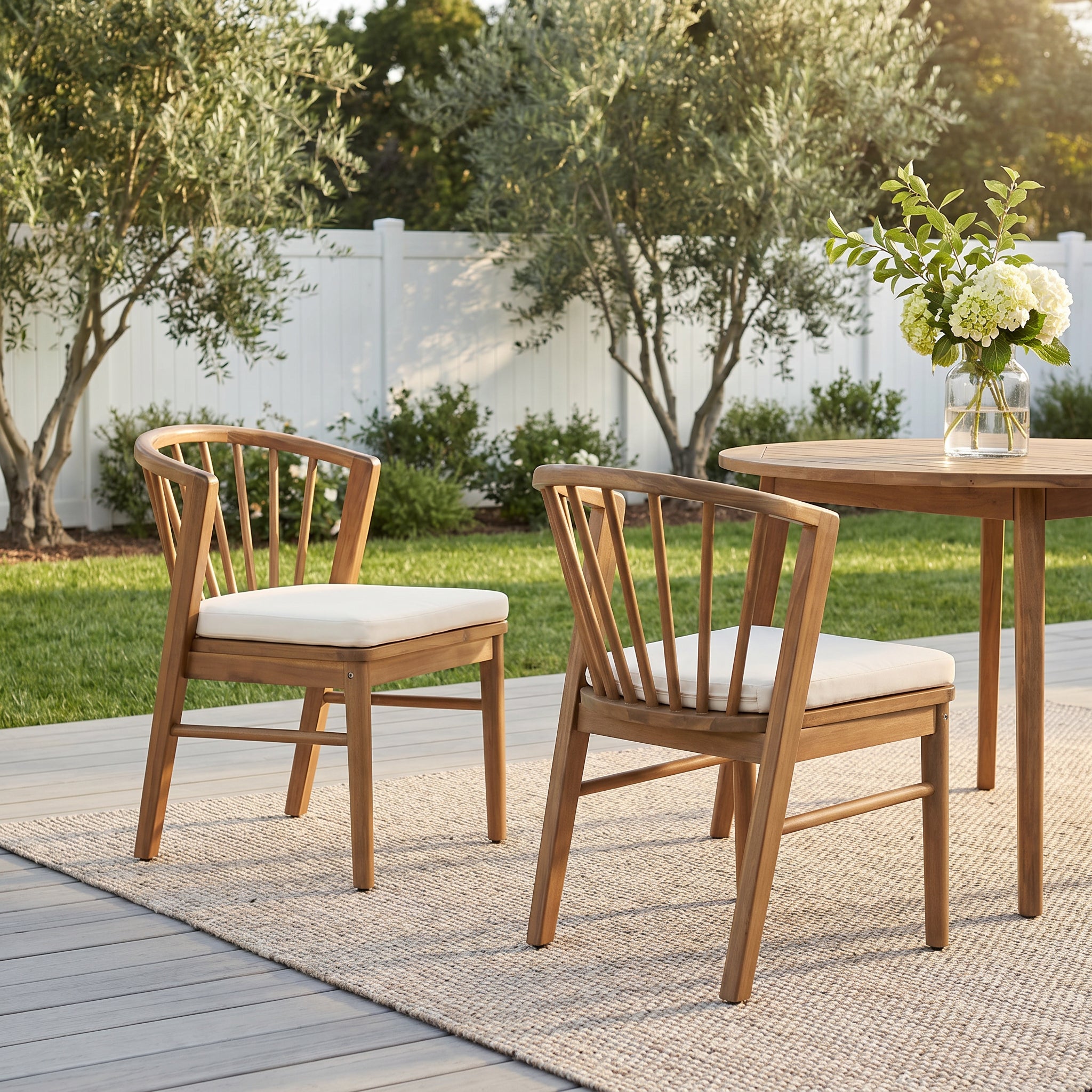 Outdoor Acacia Wood Patio Dining Chairs with Cream Washable Cushion, Set of 2