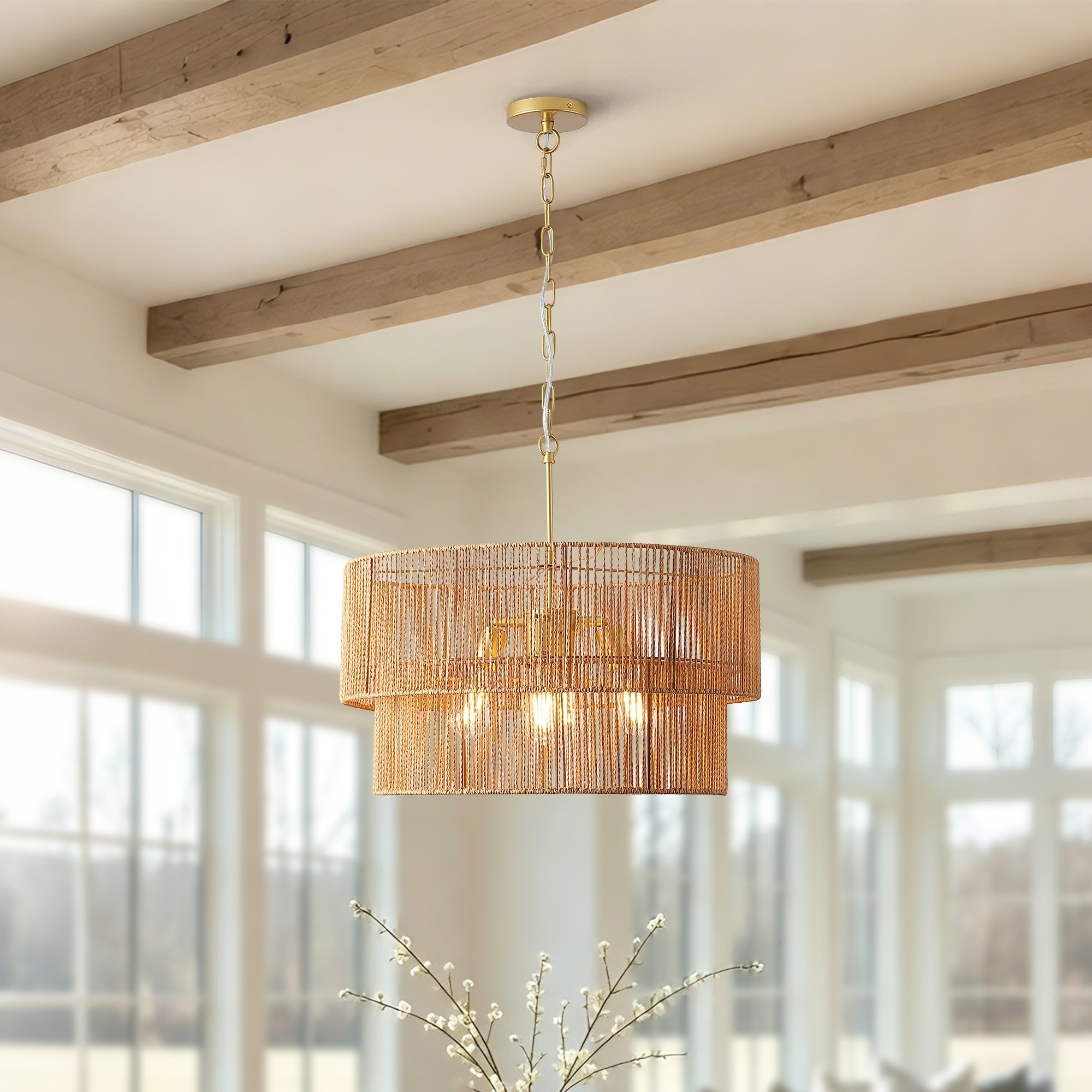 Handwoven Rattan Chandelier, 2-Tier Boho Wabi-Sabi Pendant Light