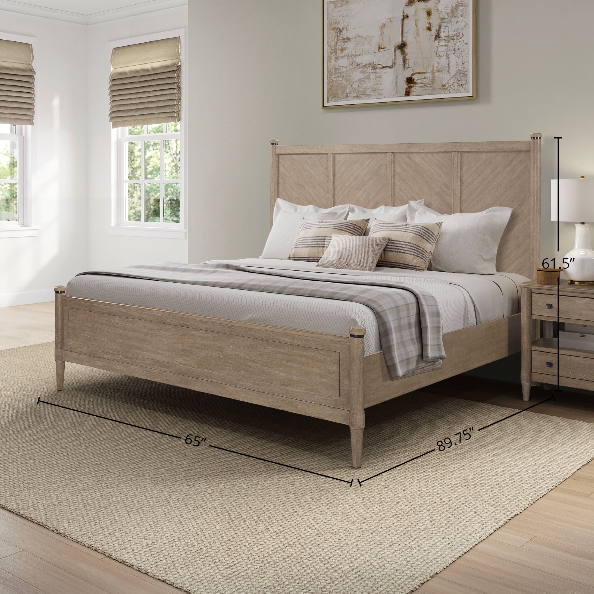 King Size Upholstered Bed with Herringbone Pattern Headboard