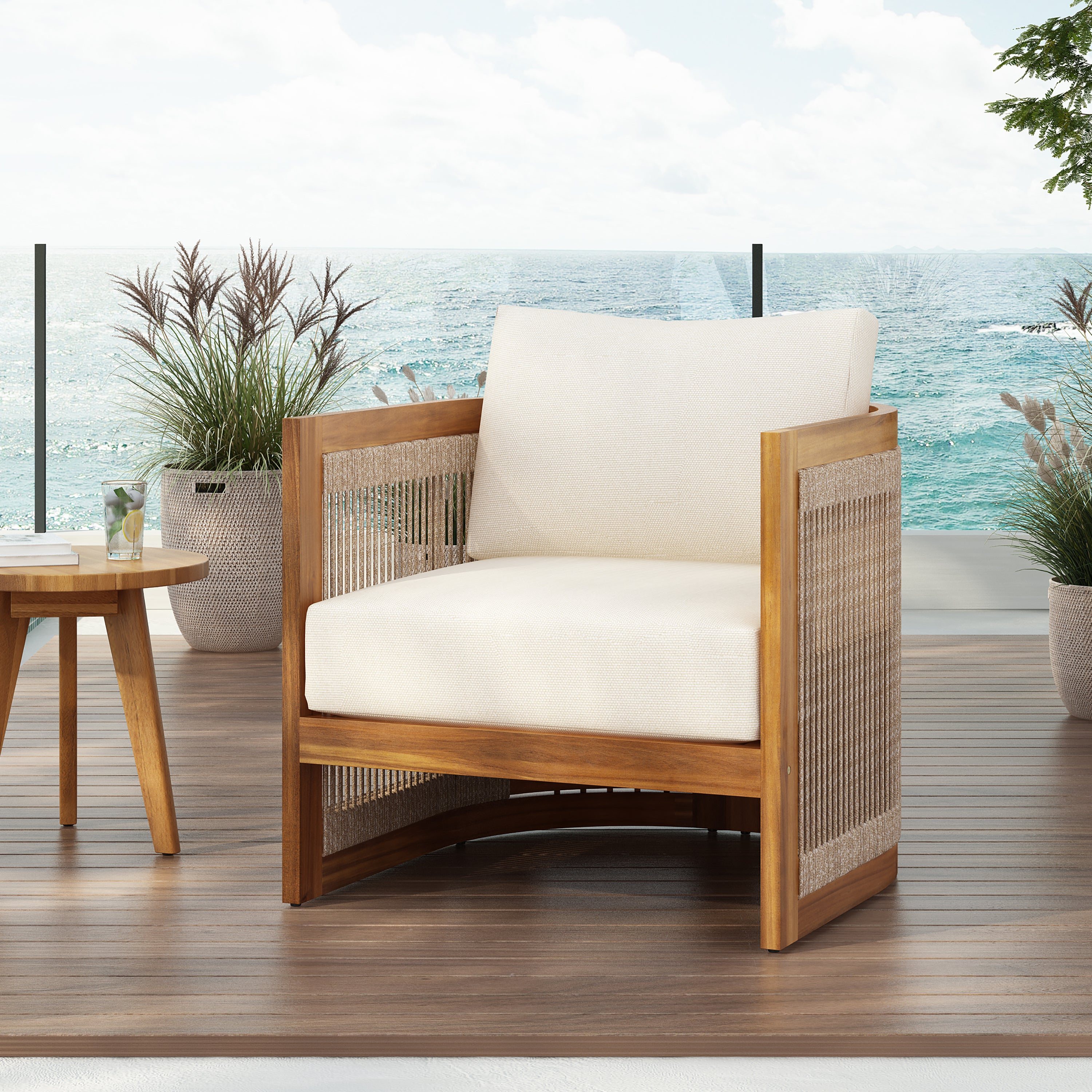 Sundara Acacia Wood Outdoor Club Chair with Handwoven Rope Accents