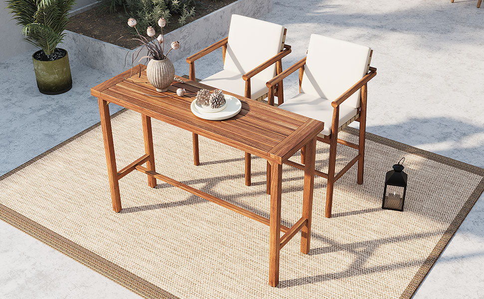 3 Piece Outdoor Bar Set with Acacia Wood Bar Height Table & 2 Stools with Cushions