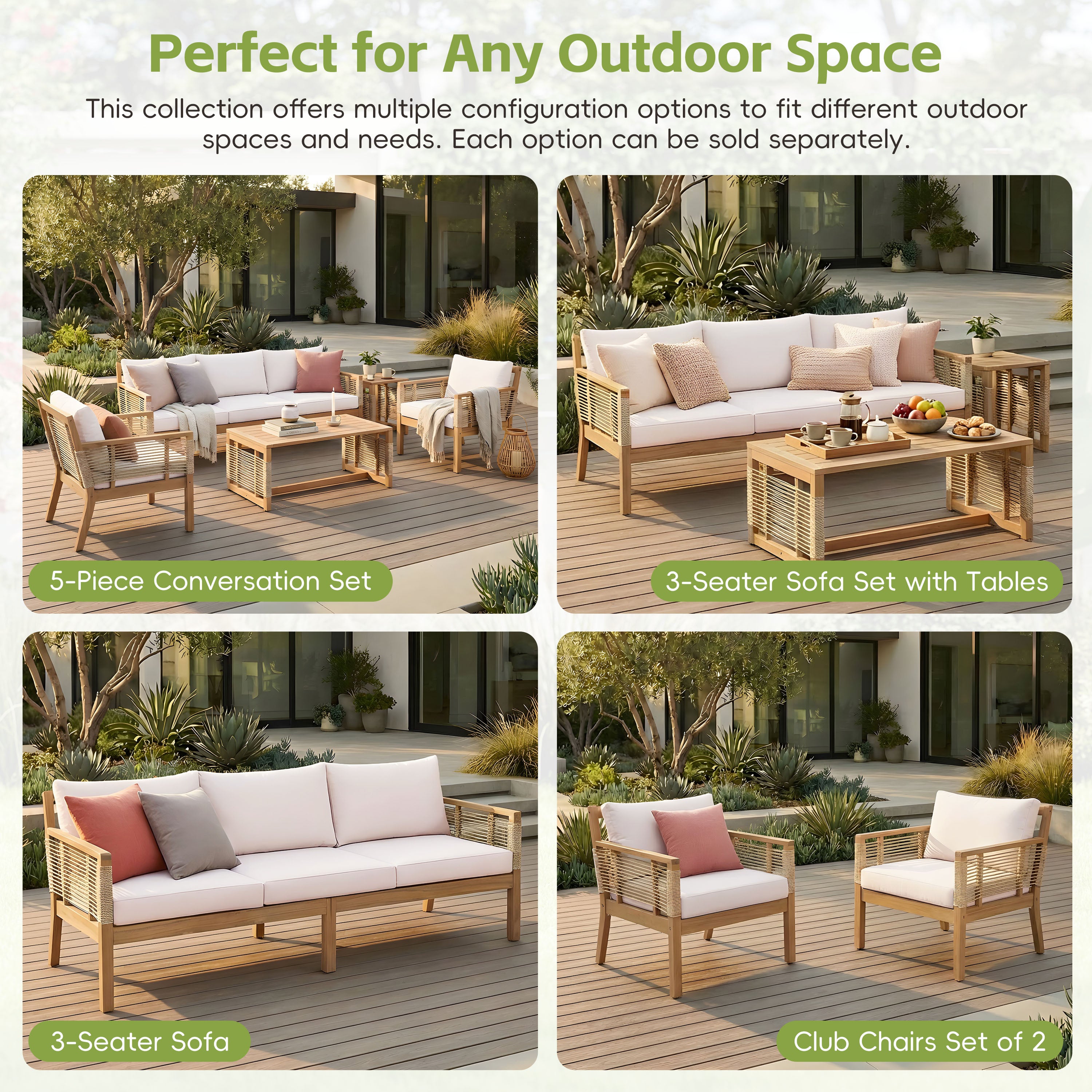 Kirana 5-Piece Outdoor Acacia Wood Hand Woven Rope Conversation Set with 3 Seater Sofa, 2 Chairs and 2 Coffee Tables