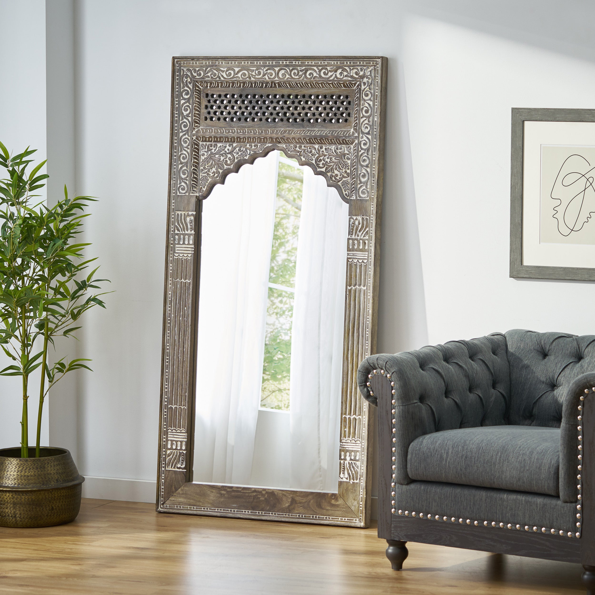 Wood Carved Artisan Floor Mirror