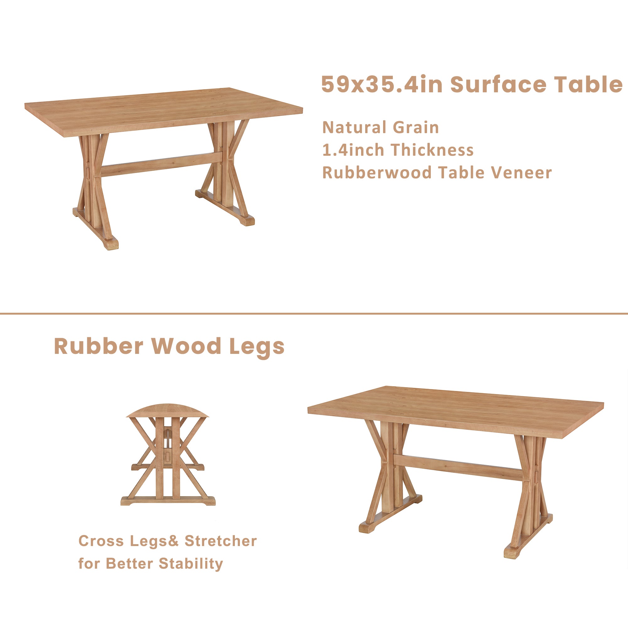 6-Piece Dining Set with Trestle Base, Upholstered Dining Bench and 4 Chairs
