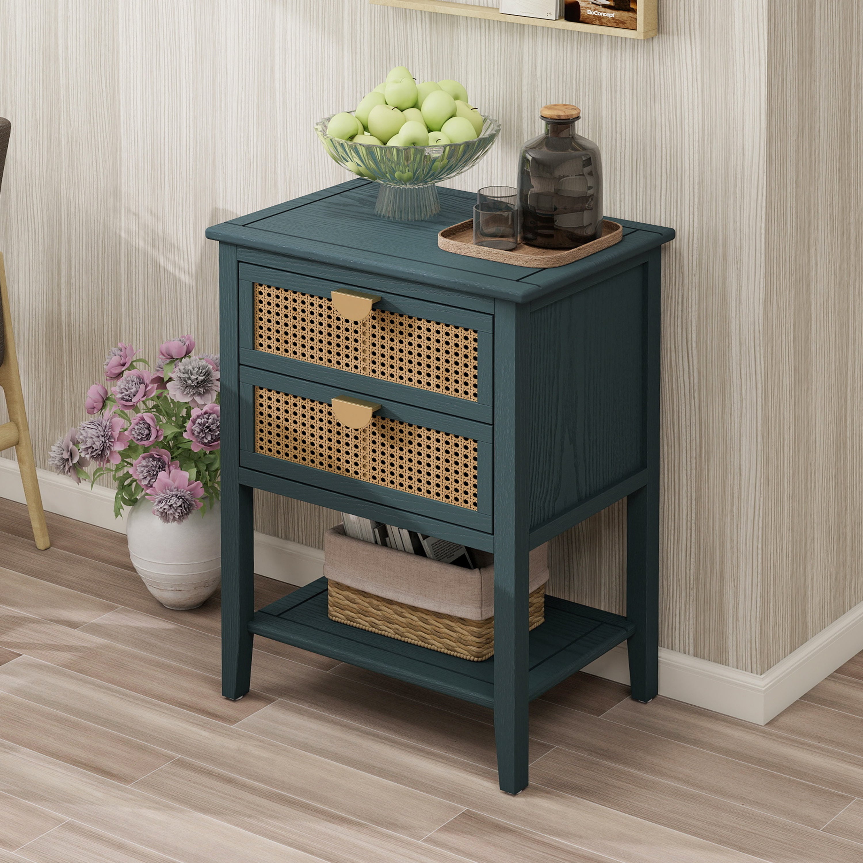 2-Drawer Side Table with Natural Rattan Drawers