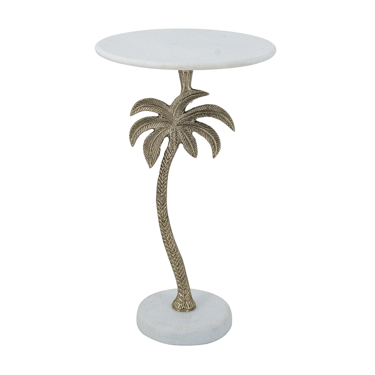 Round Side Table With White Marble Top And Gold Palm Tree Design