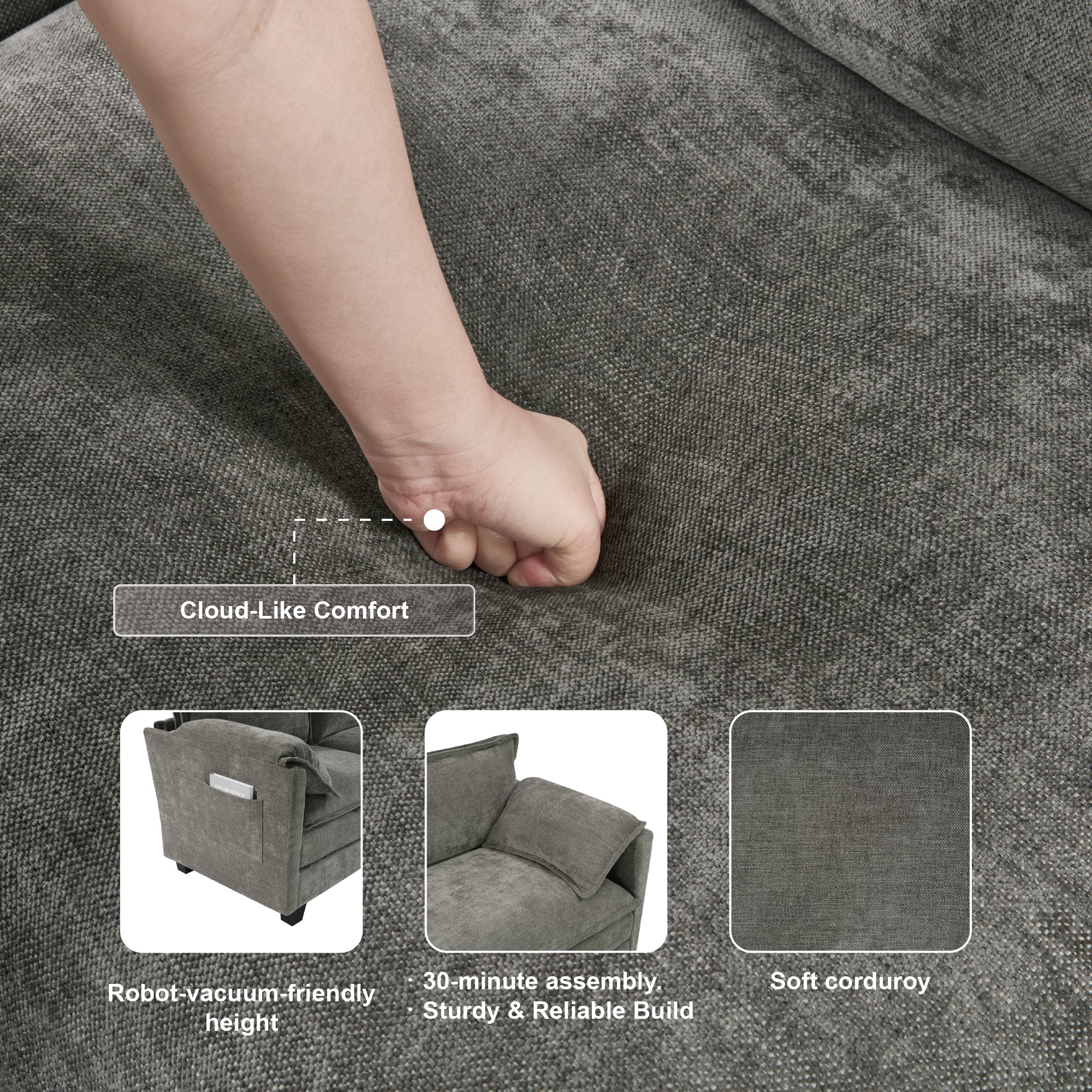 L-Shaped Corduroy Corner Sofa with Storage Armrest Cushions