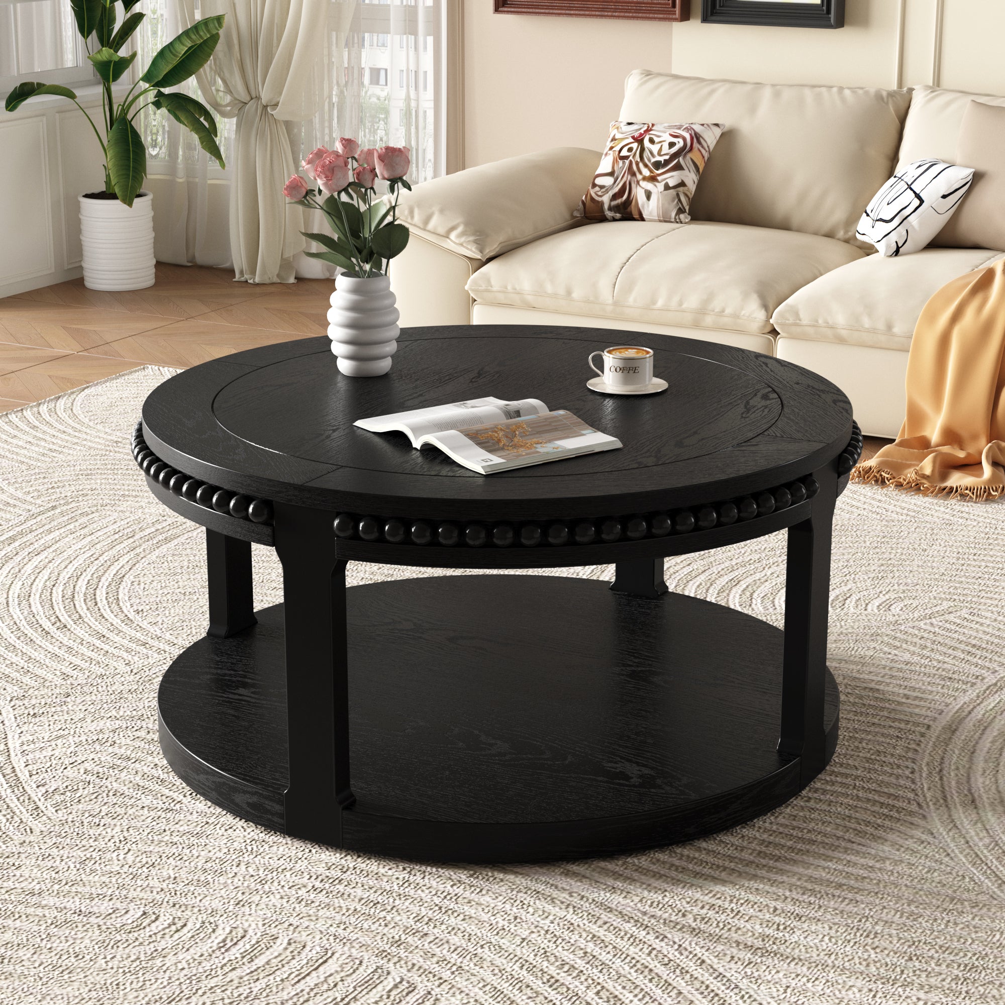 Round Solid Wood Coffee Table with Beaded Accent Edge