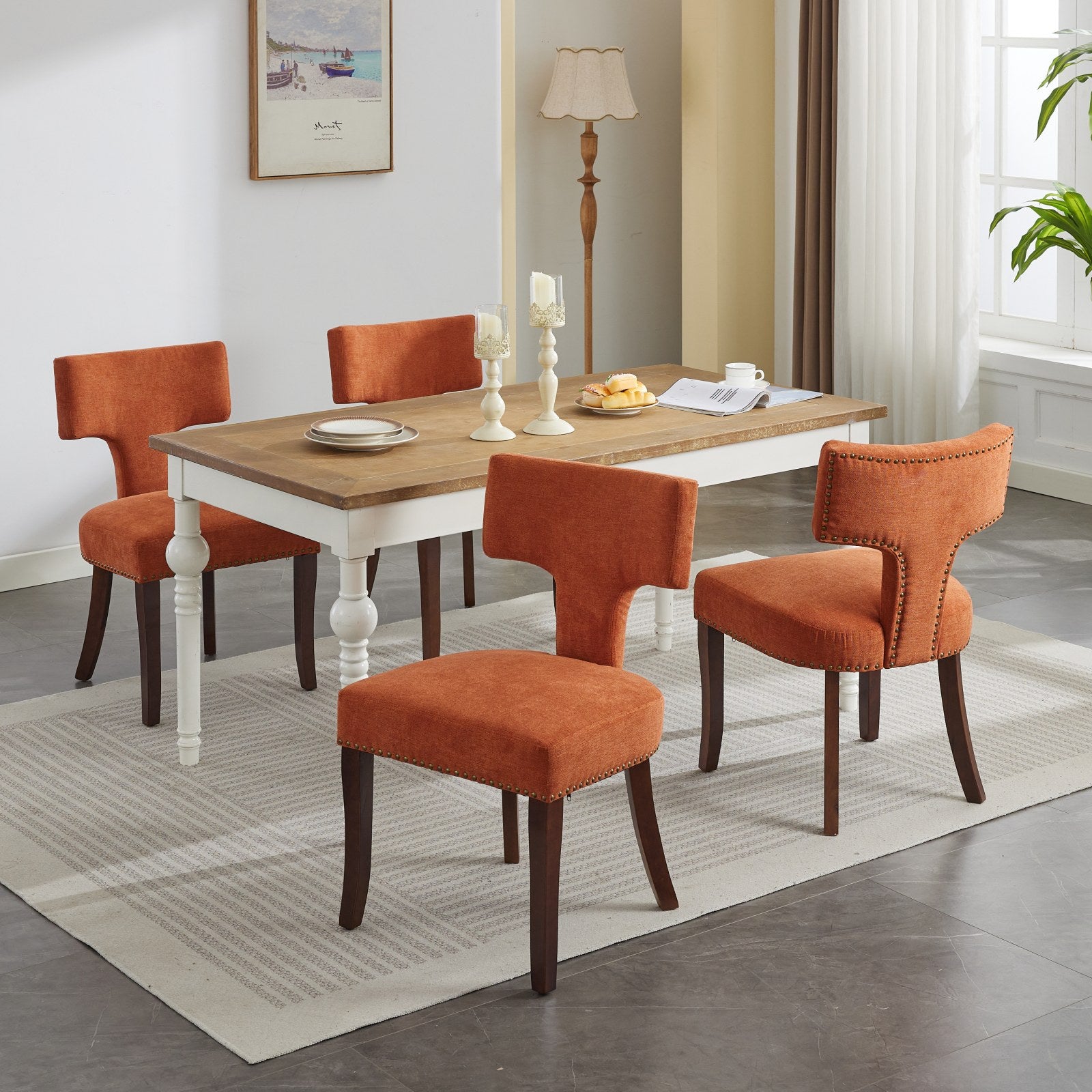 Mid Century Modern Dining Chairs Set of 2, Farmhouse Linen Fabric Upholstered Accent Chair Curved Backrest with Copper Nails around,Kitchen Chairs with Hardwood Frame, Orange