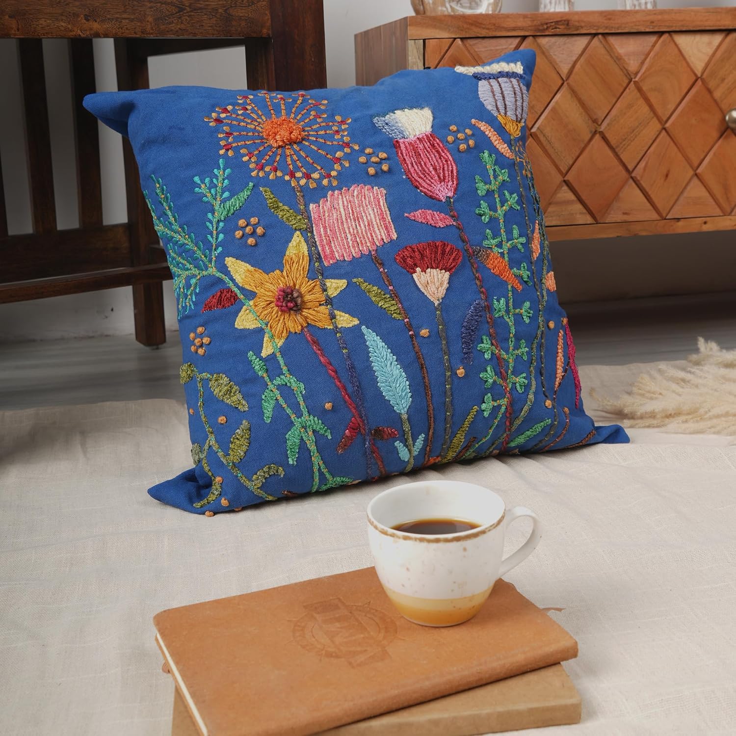 Ink Blue Floral Embroidered Pillow