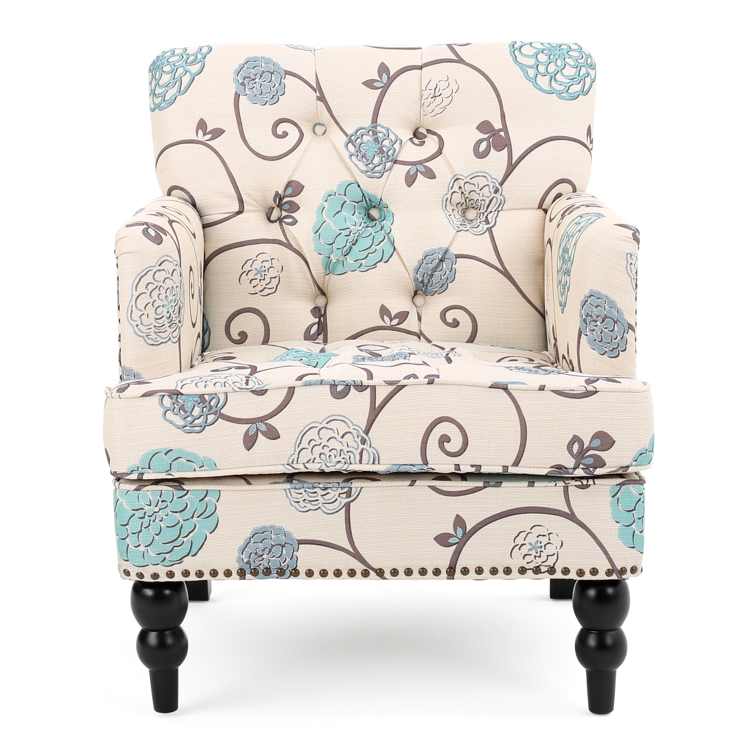 Blue Floral Club Accent Chair with Button-Tufted Diamond Stitching and Turned Legs