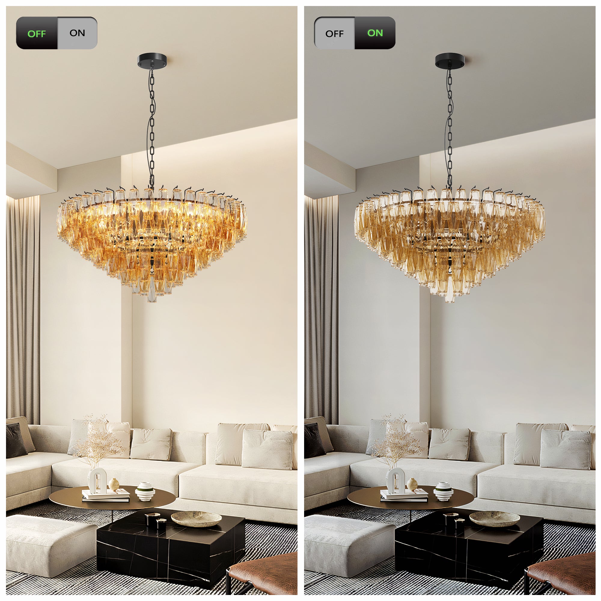 37" Extra Large Chandelier, 14-Light Gold Modern Round Chandelier for Living Room, Tiered Smoke Blown Glass Brass Chandeliers, Hanging Light Fixture for Bedroom, Dining Room, Foyer, Entryway
