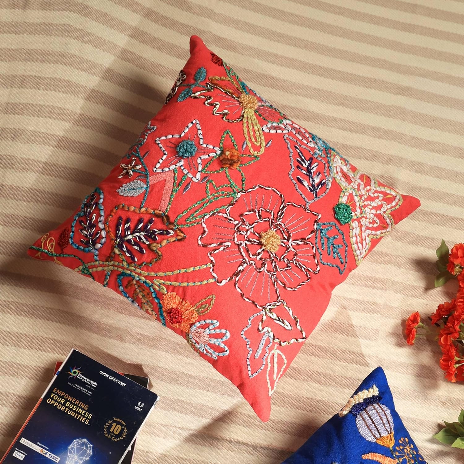 Pink Floral Embroidered Pillow