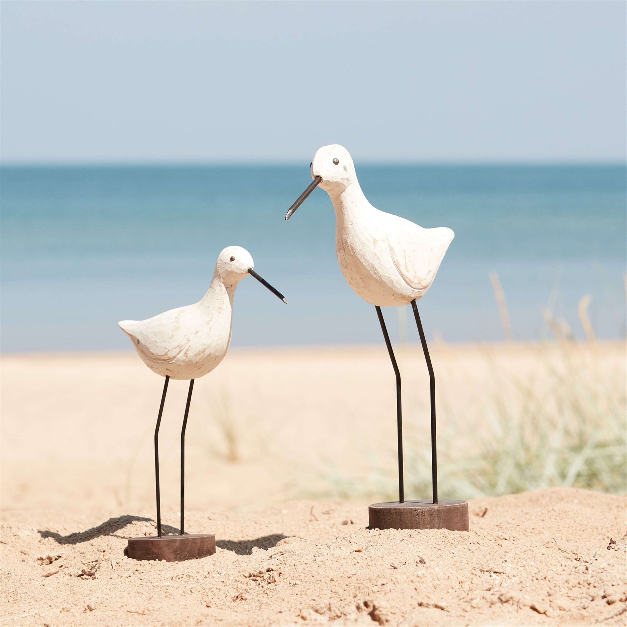 Carved Wood Sea Bird with Metal Stand, Set of 2