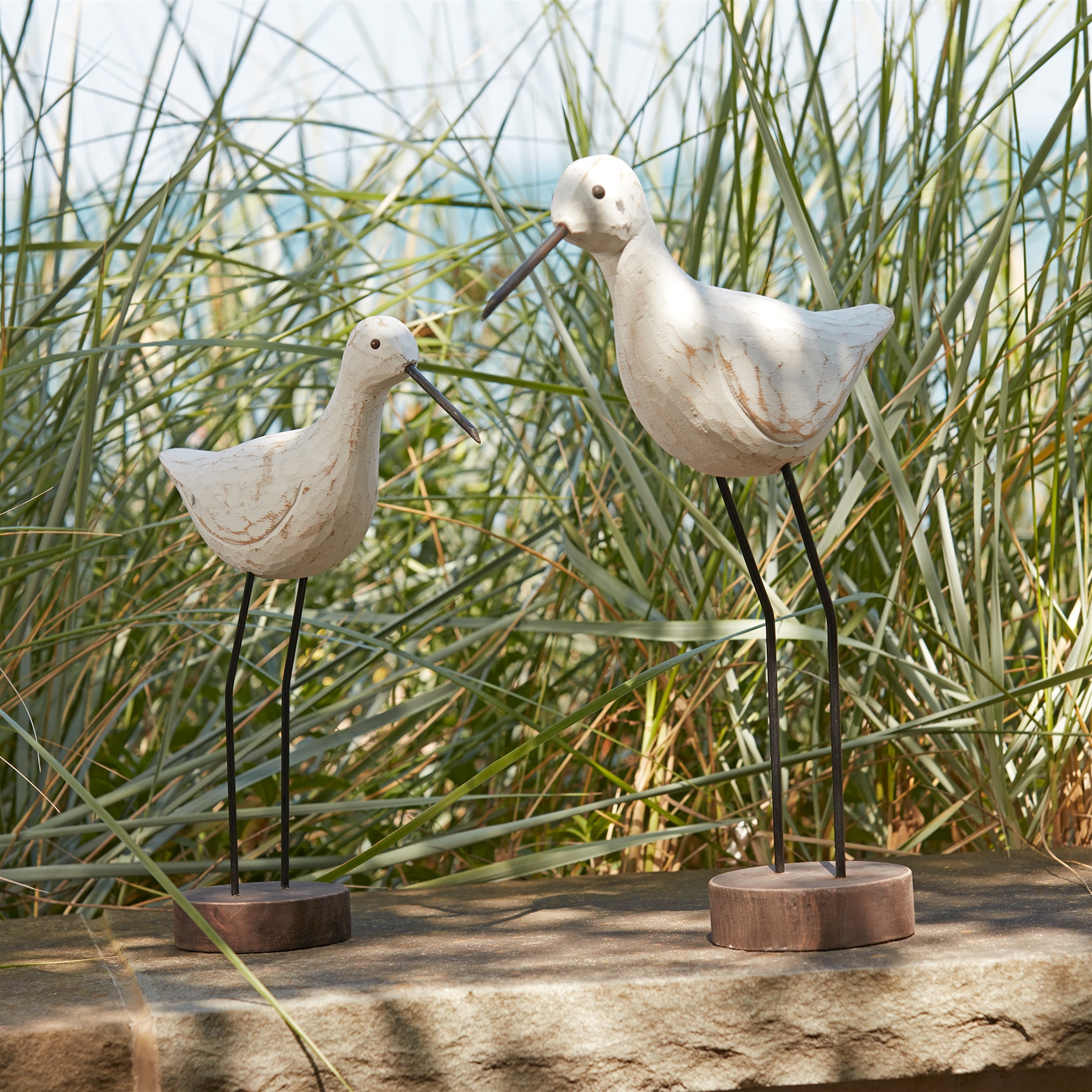 Carved Wood Sea Bird with Metal Stand, Set of 2