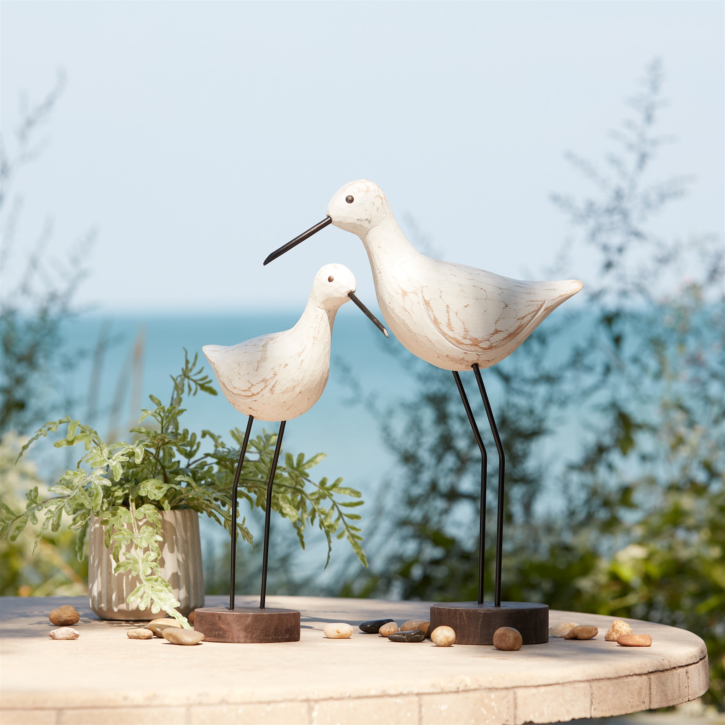 Carved Wood Sea Bird with Metal Stand, Set of 2