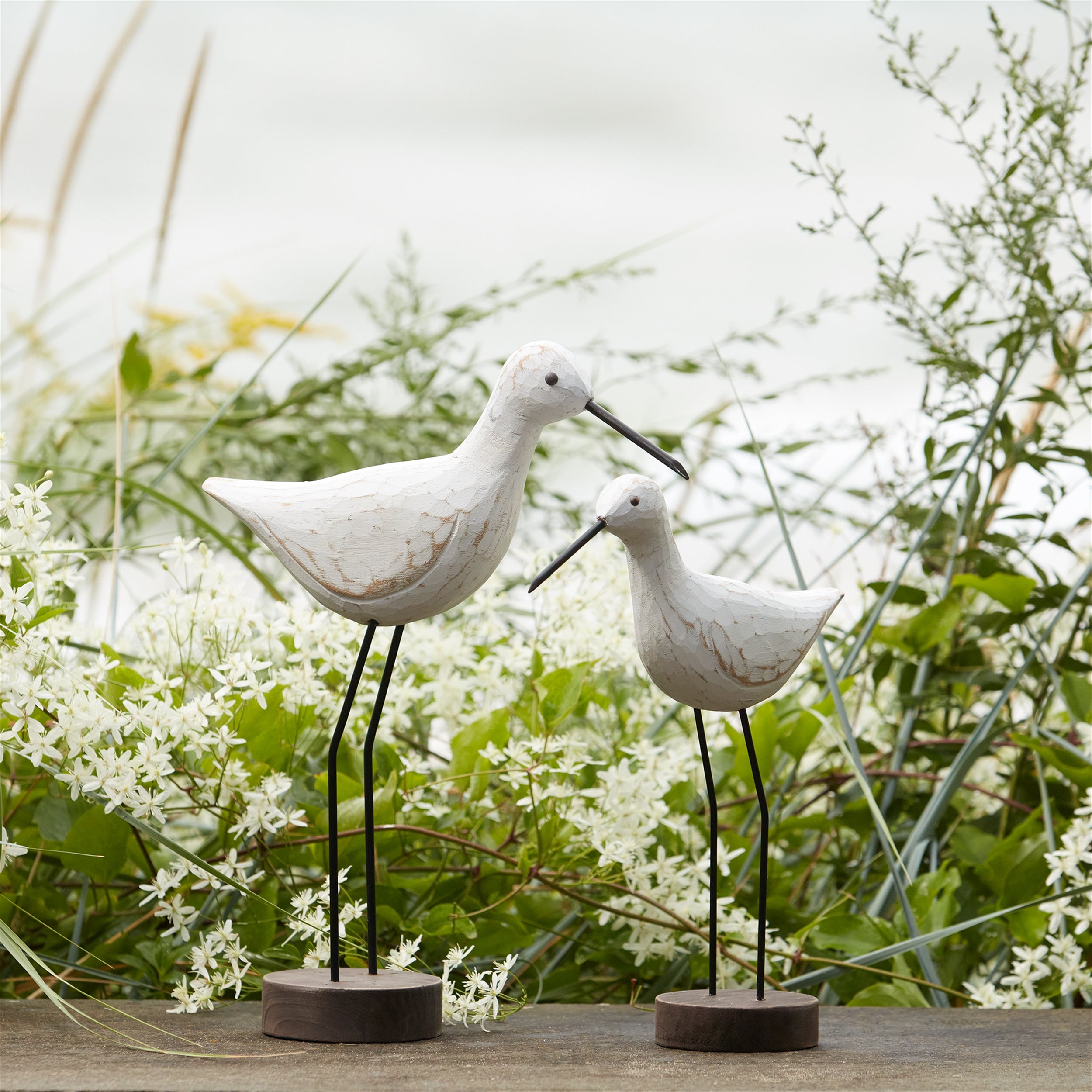 Carved Wood Sea Bird with Metal Stand, Set of 2