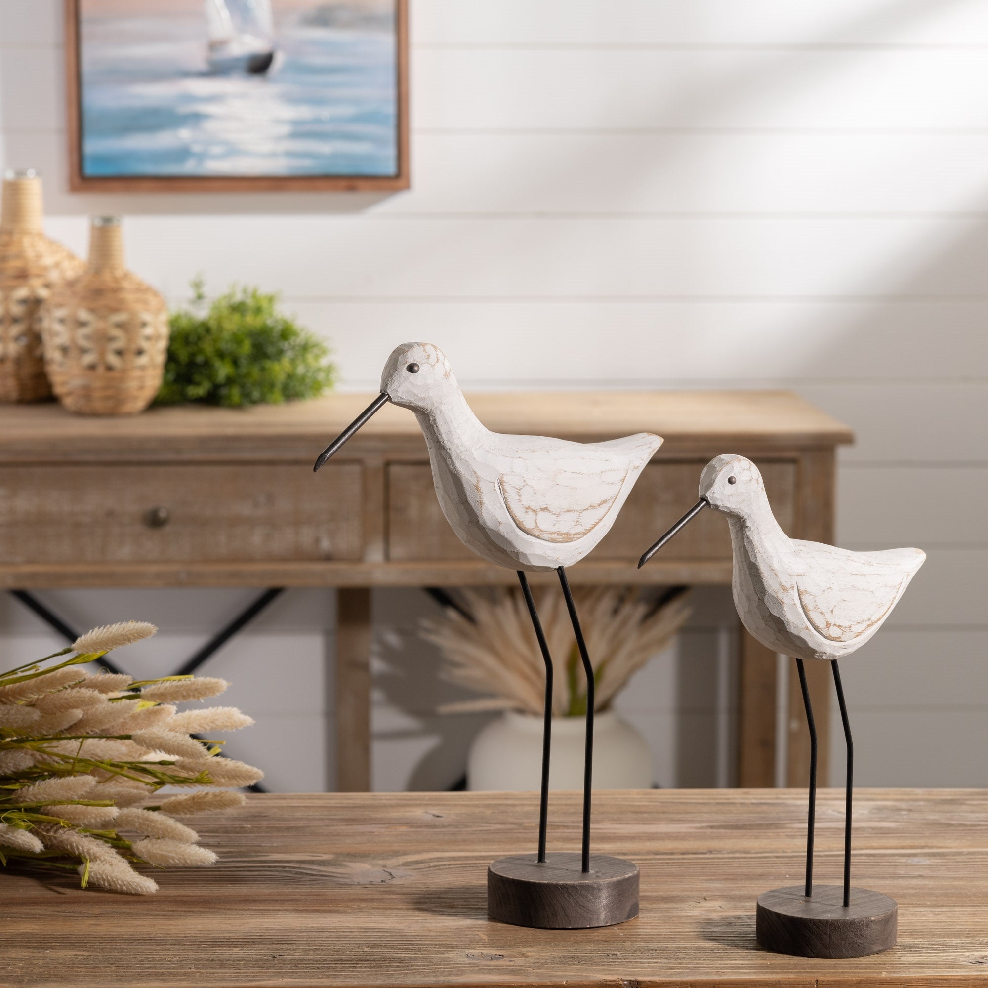 Carved Wood Sea Bird with Metal Stand, Set of 2