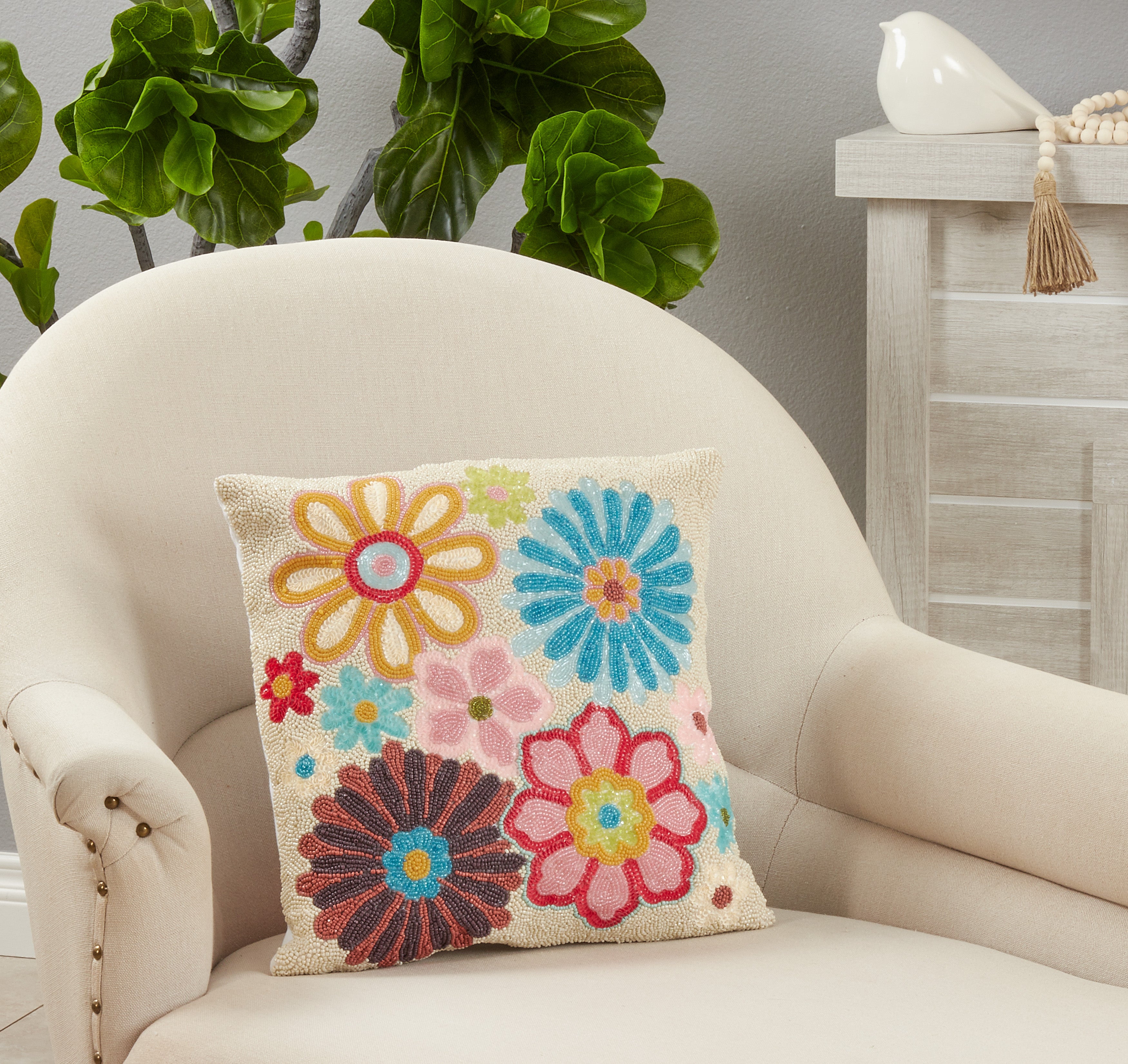 Beaded Flower Explosion Throw Pillow