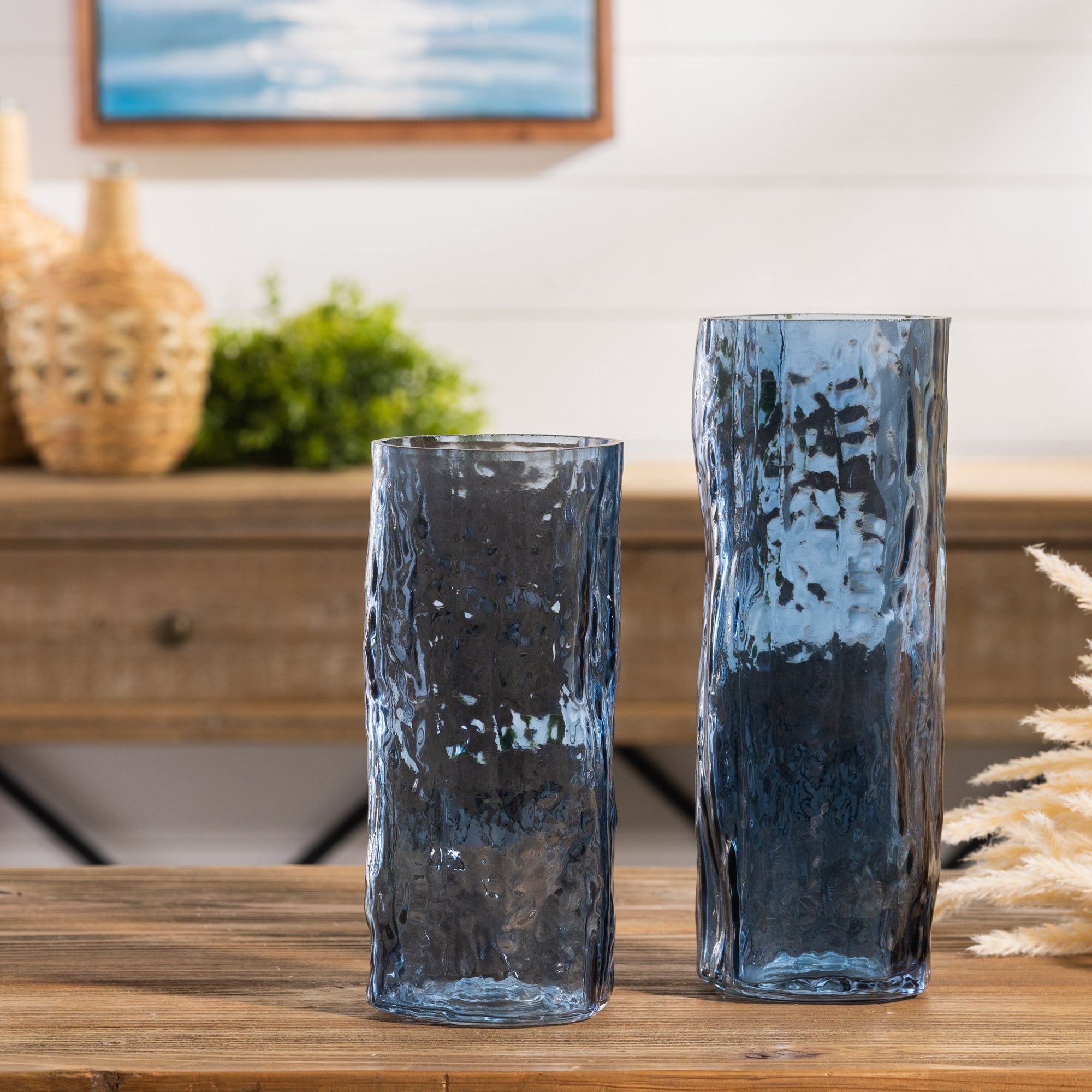 Blue Wavy Glass Vase, Set of 2