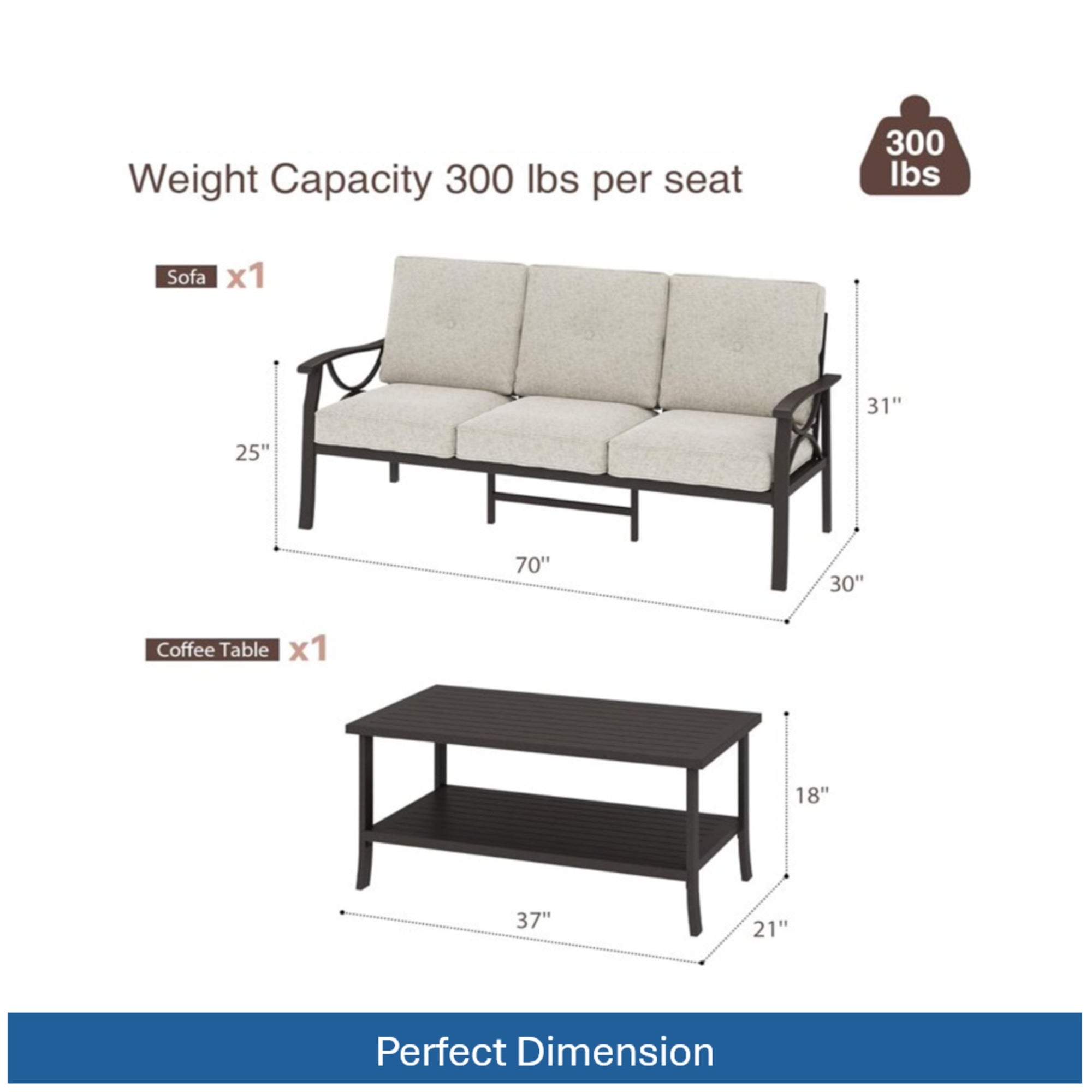 Marisol 2 Piece Outdoor Patio Set, 70" All-Weather Metal 3-Seat Sofa and Coffee Table