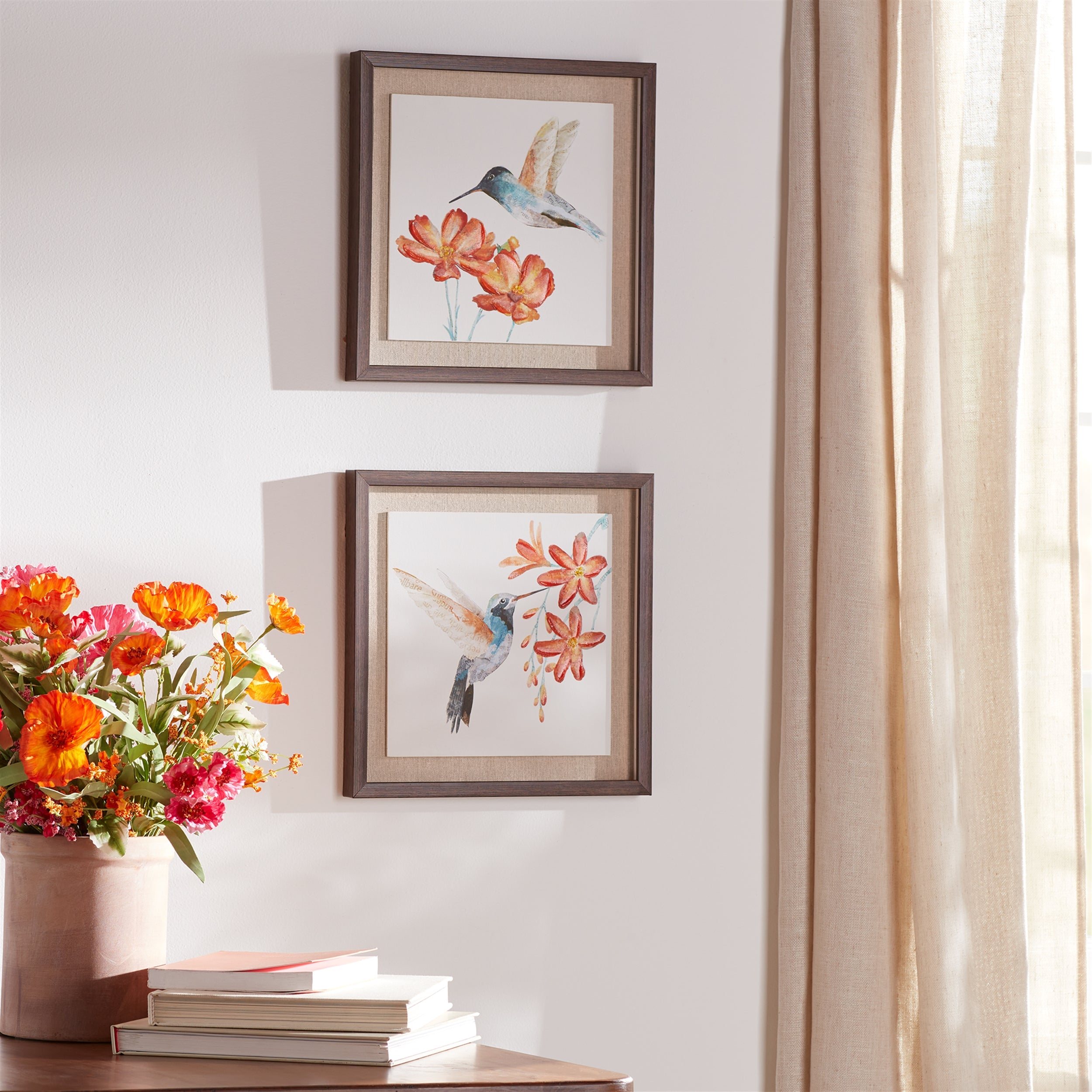 Framed Hummingbird Floral Print, Set of 2