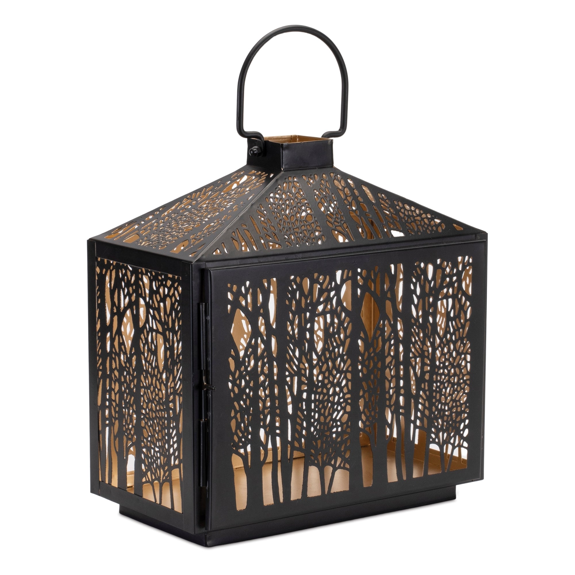 Forest Cut Metal Lantern with Gold Accent
