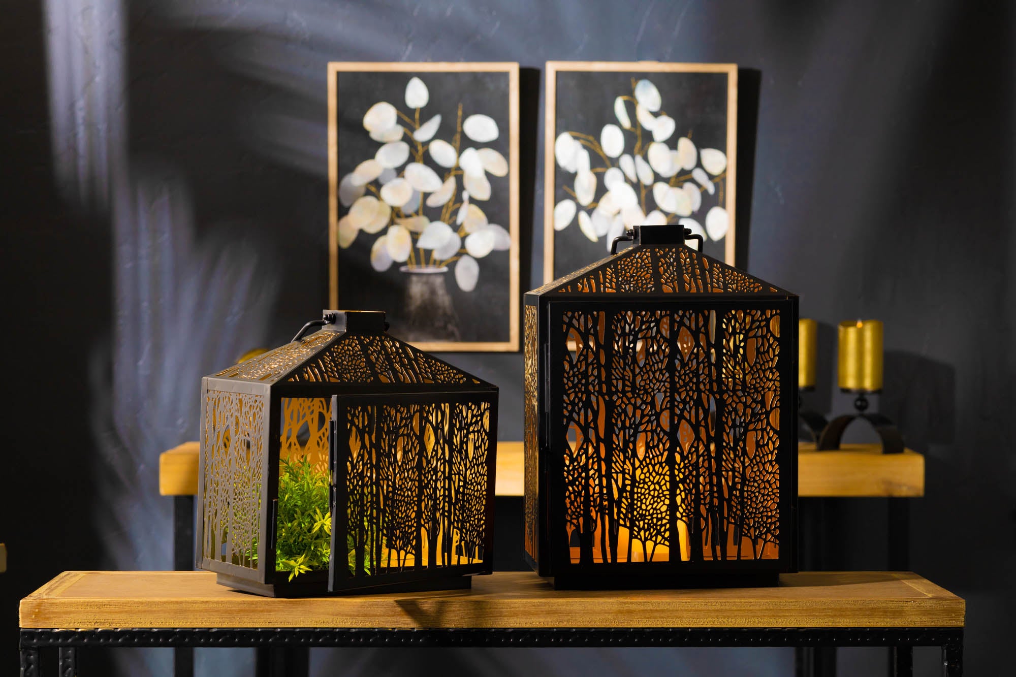 Forest Cut Metal Lantern with Gold Accent