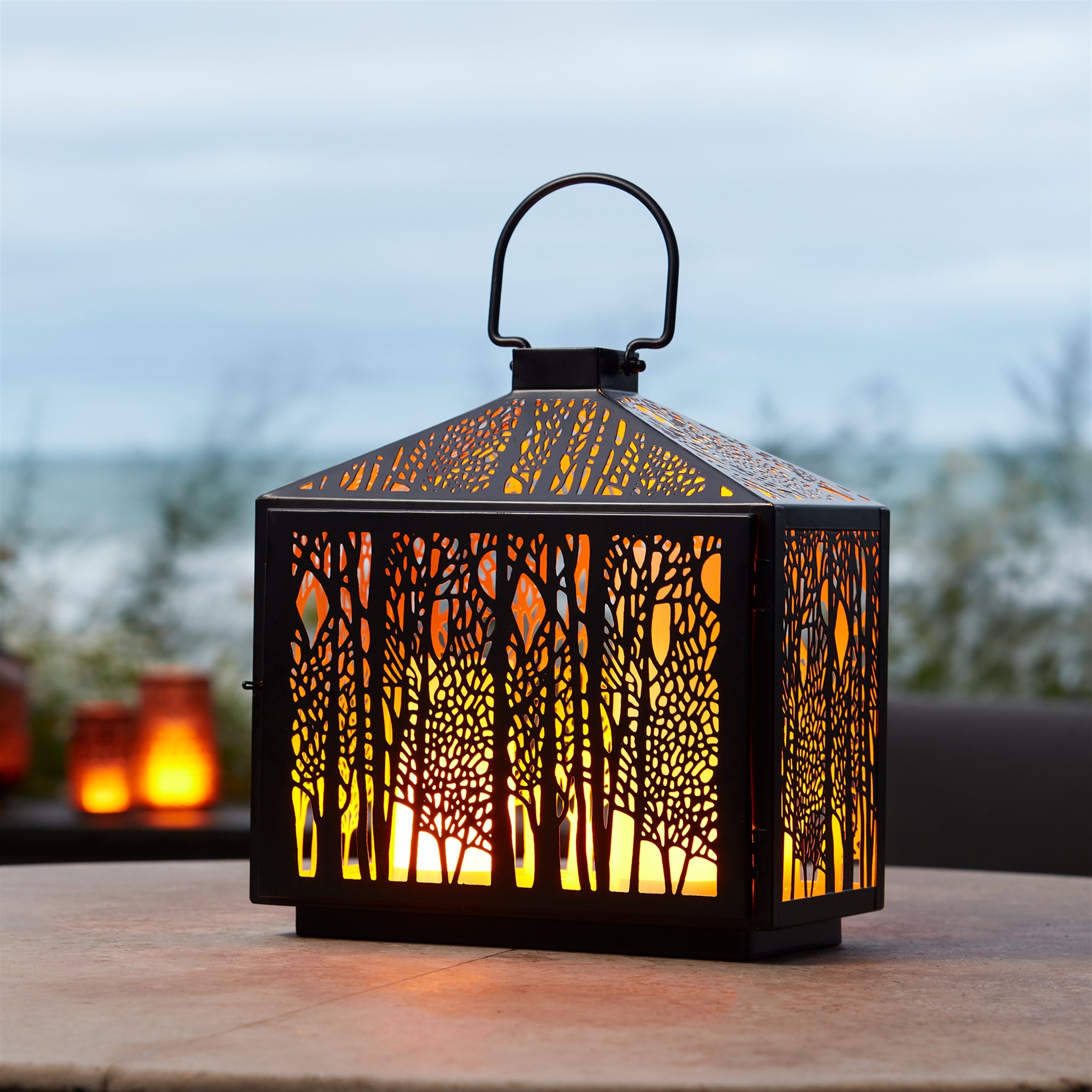 Forest Cut Metal Lantern with Gold Accent