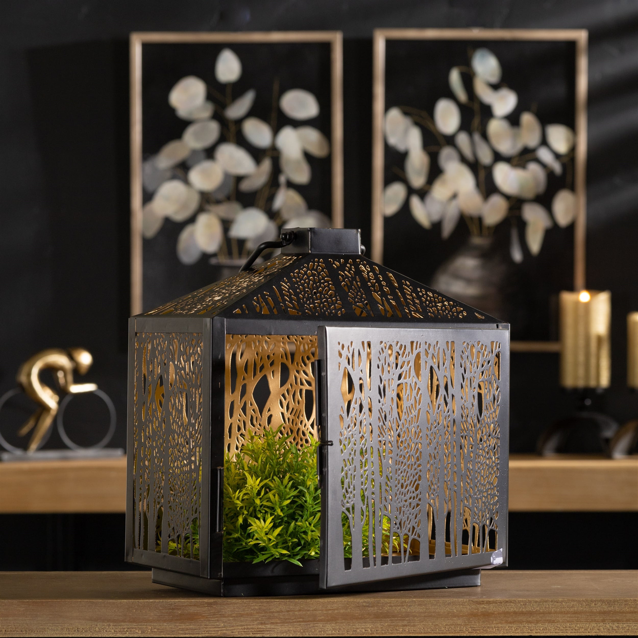 Forest Cut Metal Lantern with Gold Accent