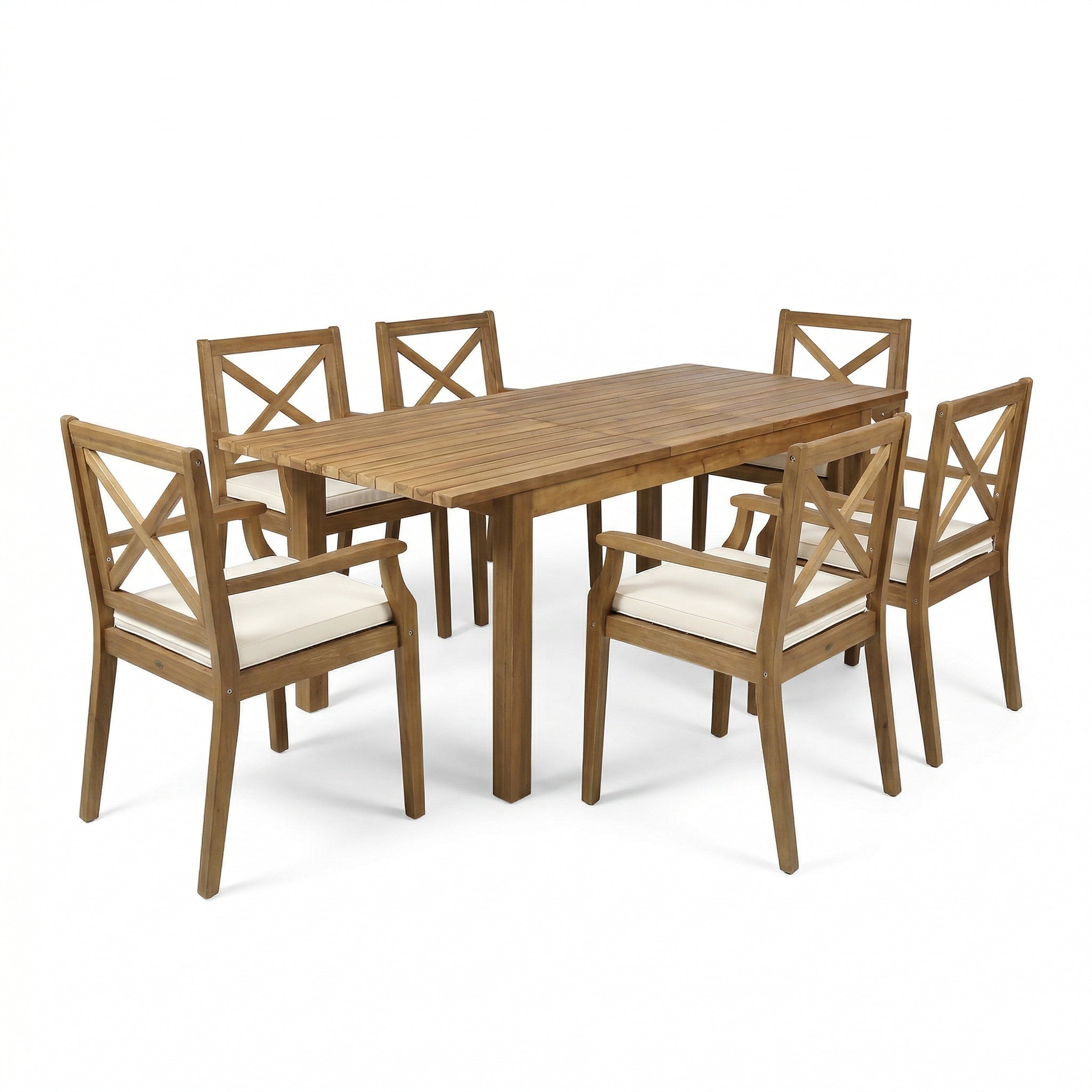 7 Pieces Acacia Wood Outdoor Dining Set with Cream Cushions,Modern 6 Chairs  1 Large Table,Dining Furniture Set for Lawn, Backyard, Garden Deck,Poolside,Teak