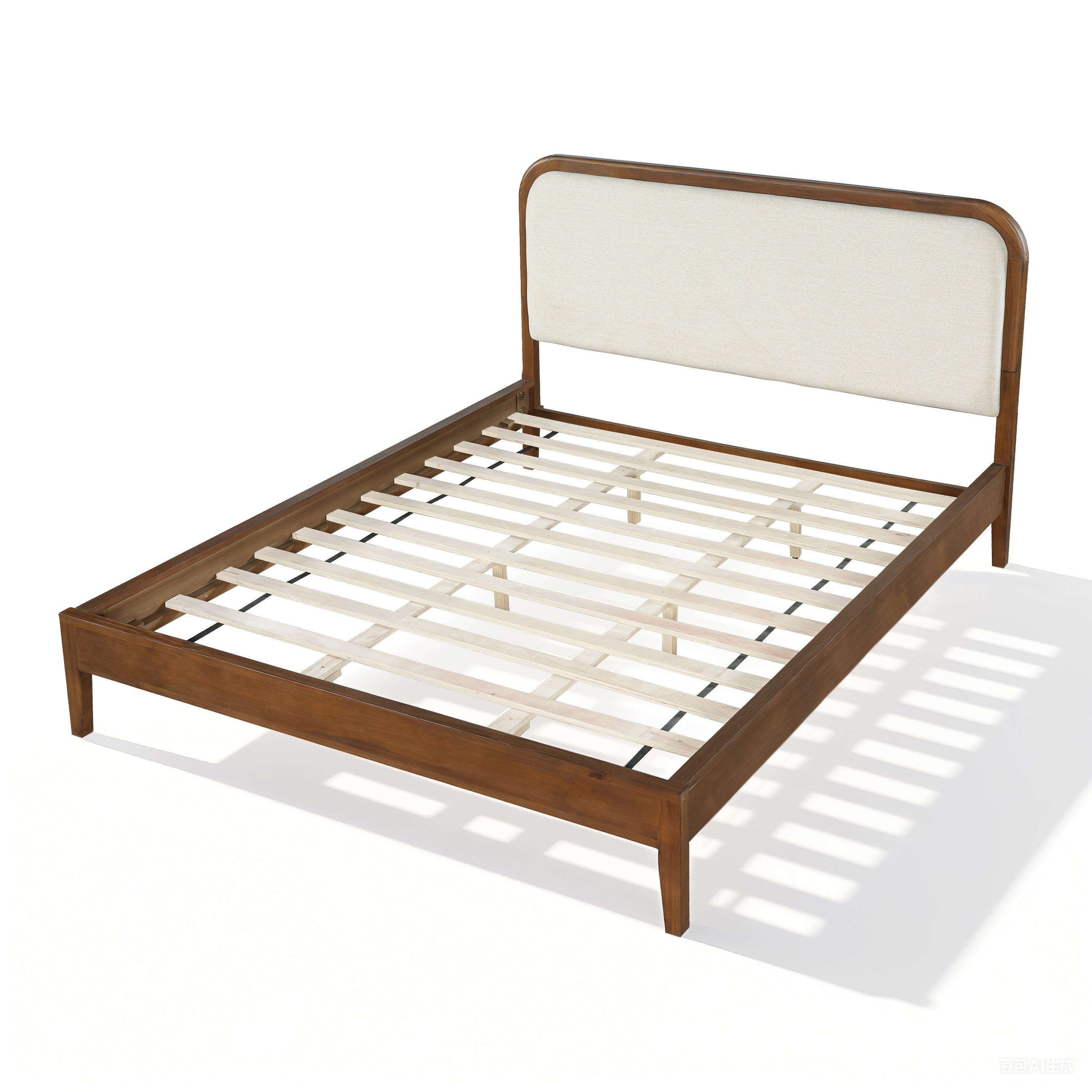 Acacia Wood Bed Frame With Beige Upholstered Headboard