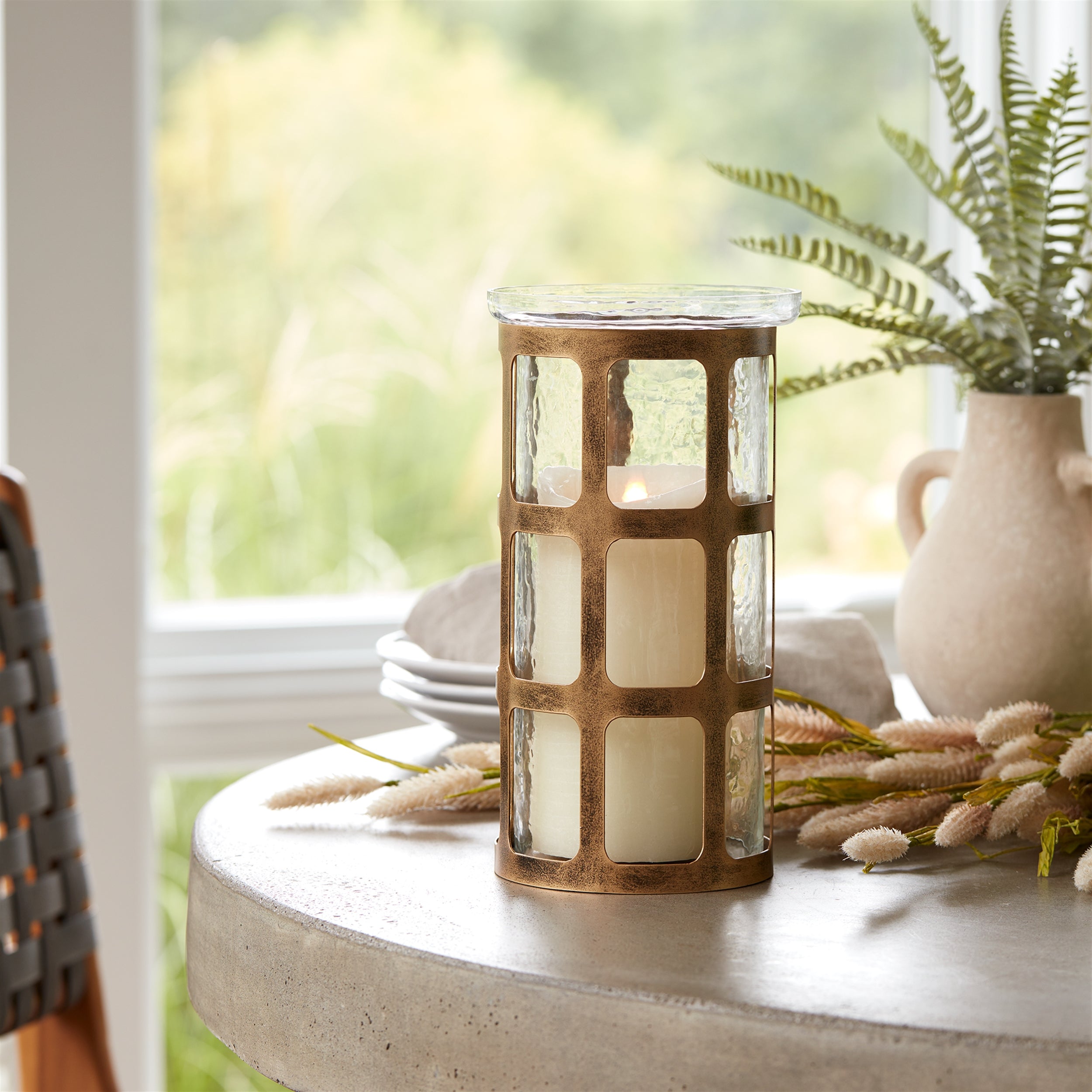 Wavy Glass Candle Holder with Distressed Metal Frame