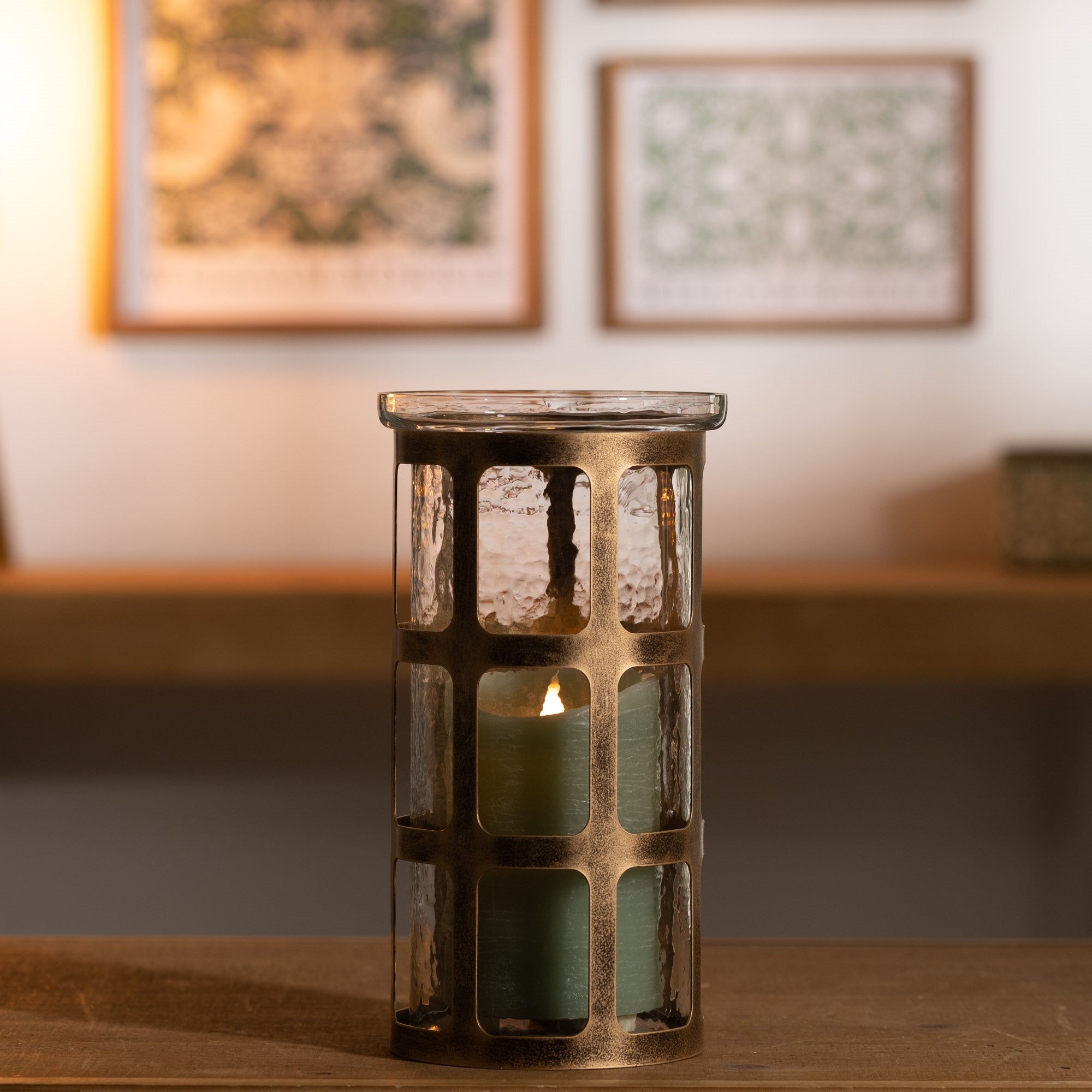 Wavy Glass Candle Holder with Distressed Metal Frame
