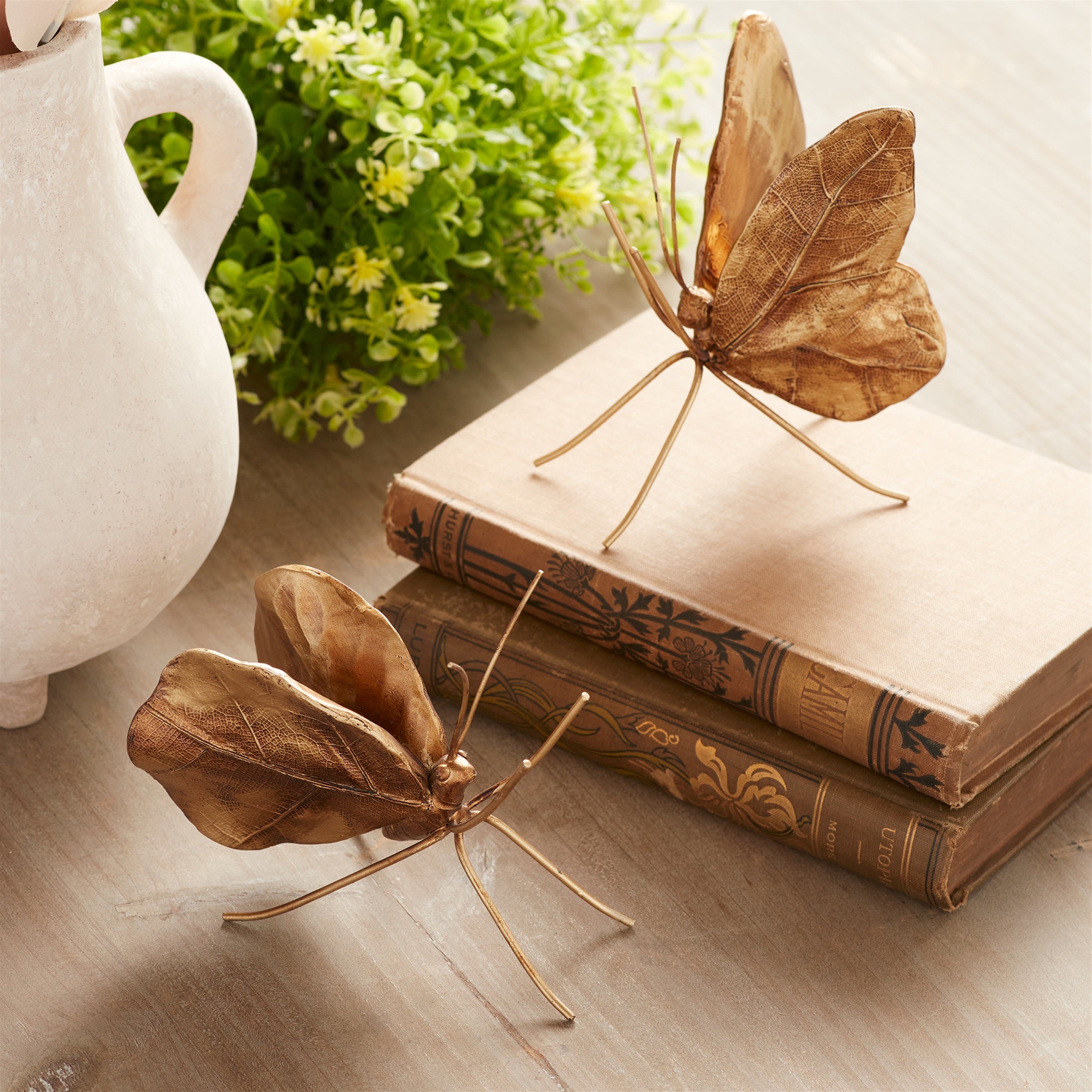 Leaf Butterfly Shelf Sitter in Gold, Set of 2